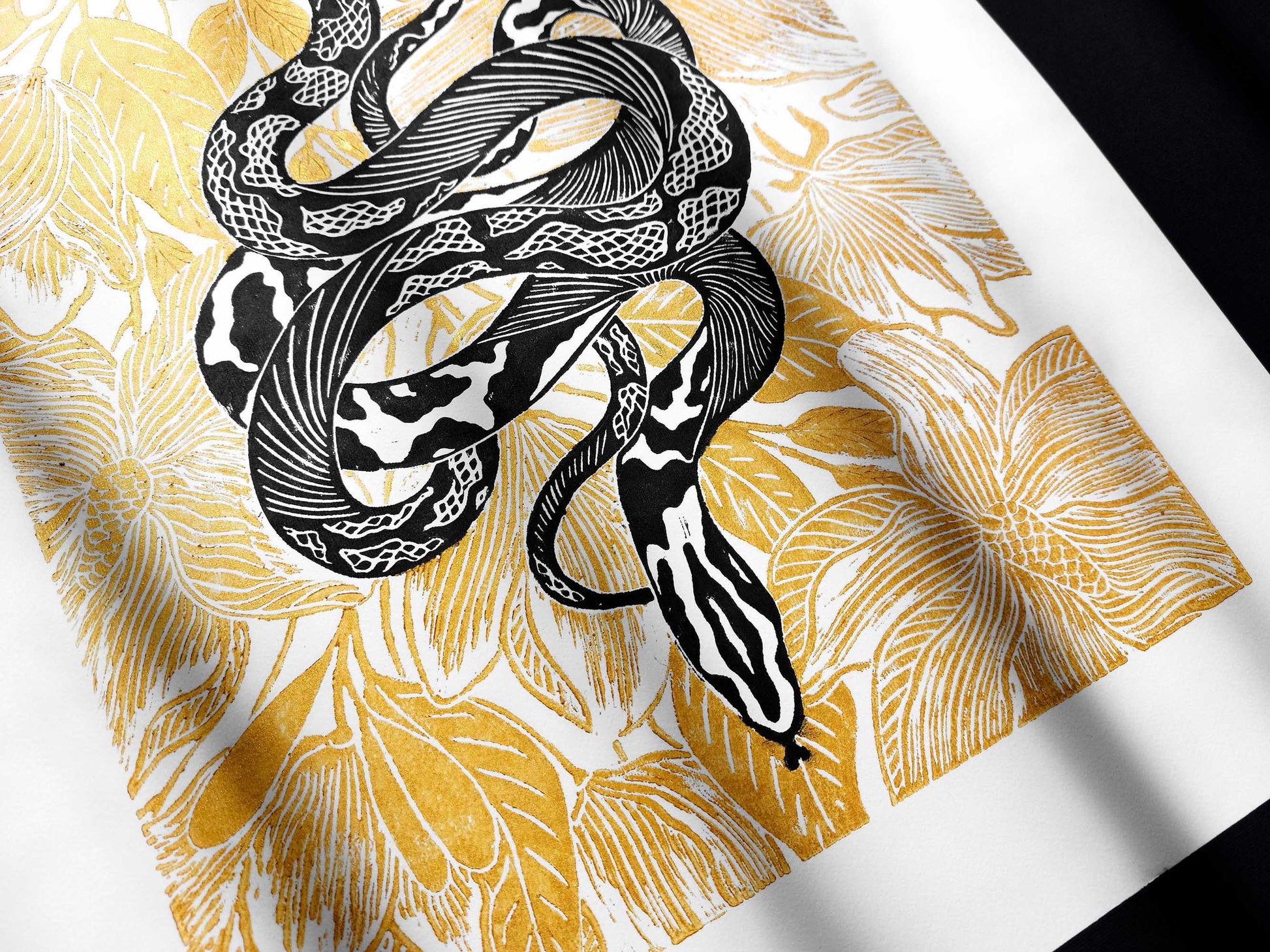 Black and gold floral snake magnolia flowers Linocut print for Nature lover gift UNFRAMED Housewarming gift New home gift Living room or bedroom decor 16x12 Reptile Original artwork Classical wall decor