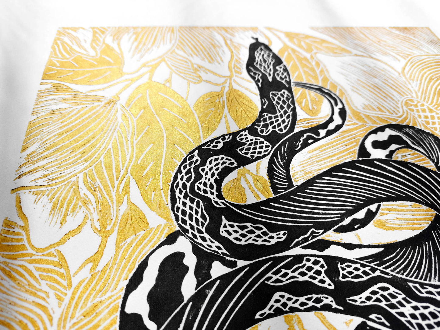 Black and gold floral snake magnolia flowers Linocut print for Nature lover gift UNFRAMED Housewarming gift New home gift Living room or bedroom decor 16x12 Reptile Original artwork Classical wall decor