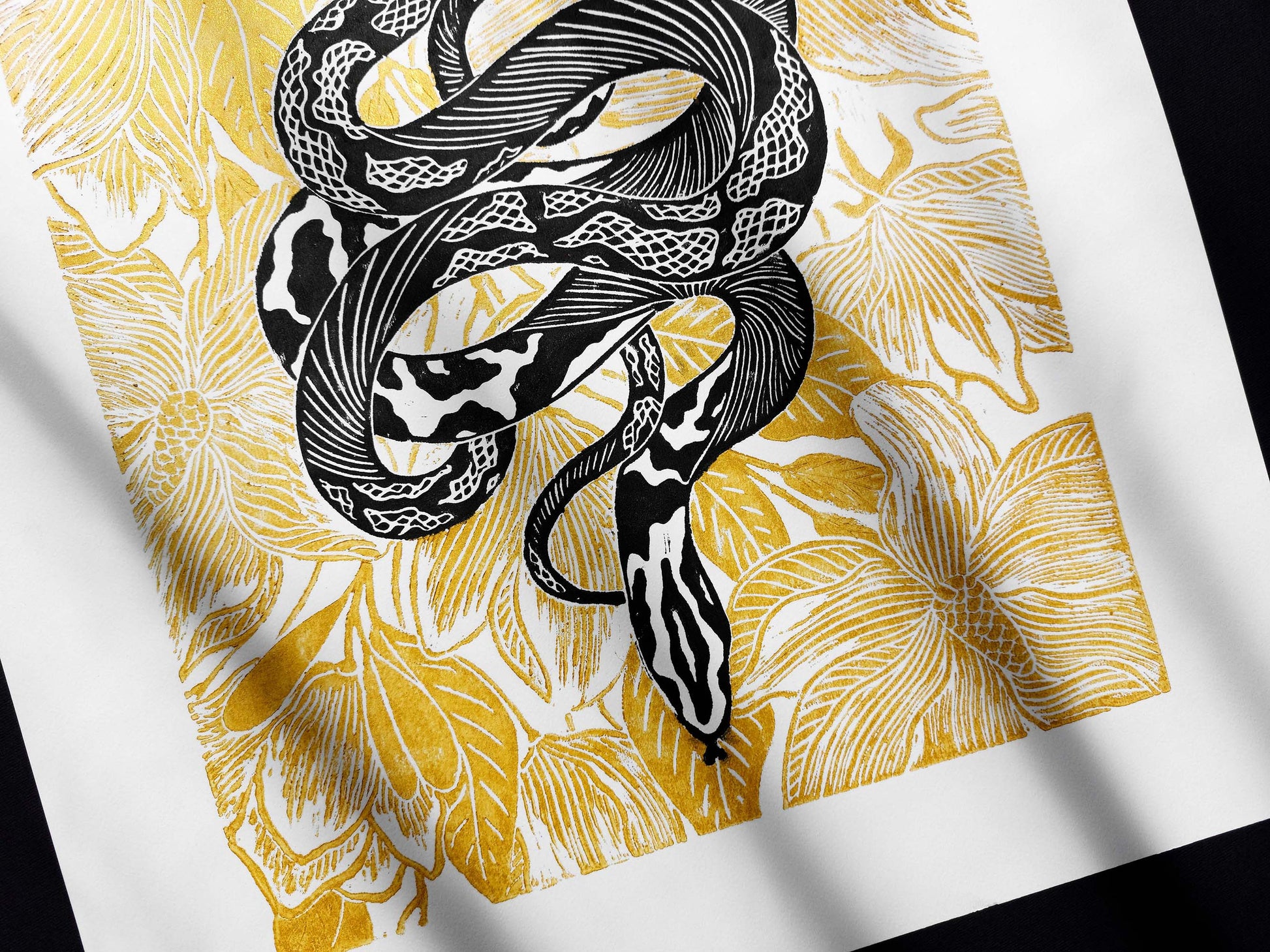 Black and gold floral snake magnolia flowers Linocut print for Nature lover gift UNFRAMED Housewarming gift New home gift Living room or bedroom decor 16x12 Reptile Original artwork Classical wall decor