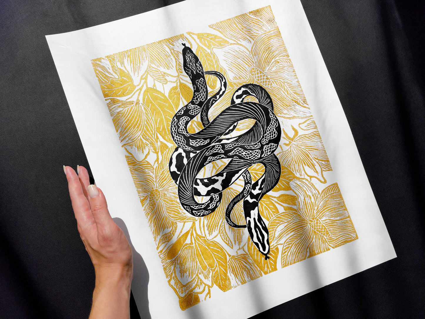 Black and gold floral snake magnolia flowers Linocut print for Nature lover gift UNFRAMED Housewarming gift New home gift Living room or bedroom decor 16x12 Reptile Original artwork Classical wall decor