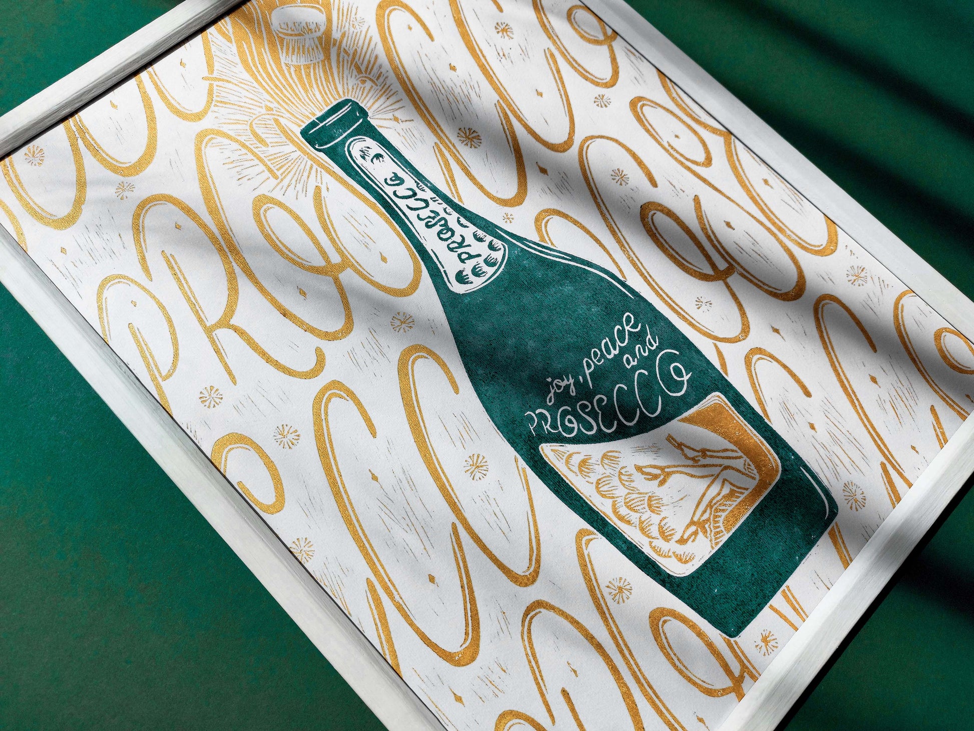 Gallery wall set of 2 Linocut prints Prosecco and Women hand with glass of white wine Holiday winter wall art Modern kitchen, Gift for girlfriend, printmaking art, handmade print, relief block print, Alcohol poster, Christmas artwork, dining room decor, Green black and gold decoration