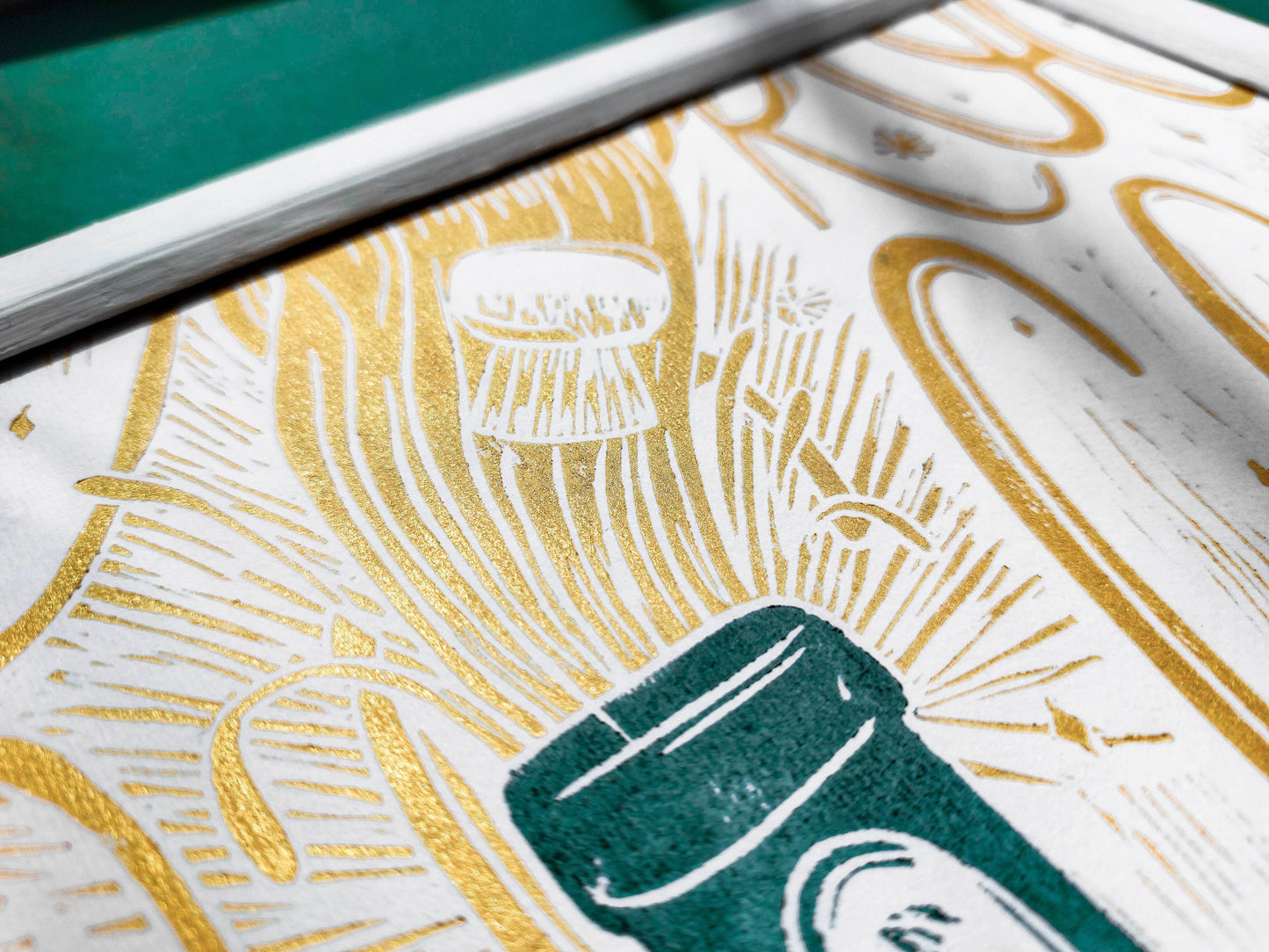 Gallery wall set of 2 Linocut prints Prosecco and Women hand with glass of white wine Holiday winter wall art Modern kitchen, Gift for girlfriend, printmaking art, handmade print, relief block print, Alcohol poster, Christmas artwork, dining room decor, Green black and gold decoration