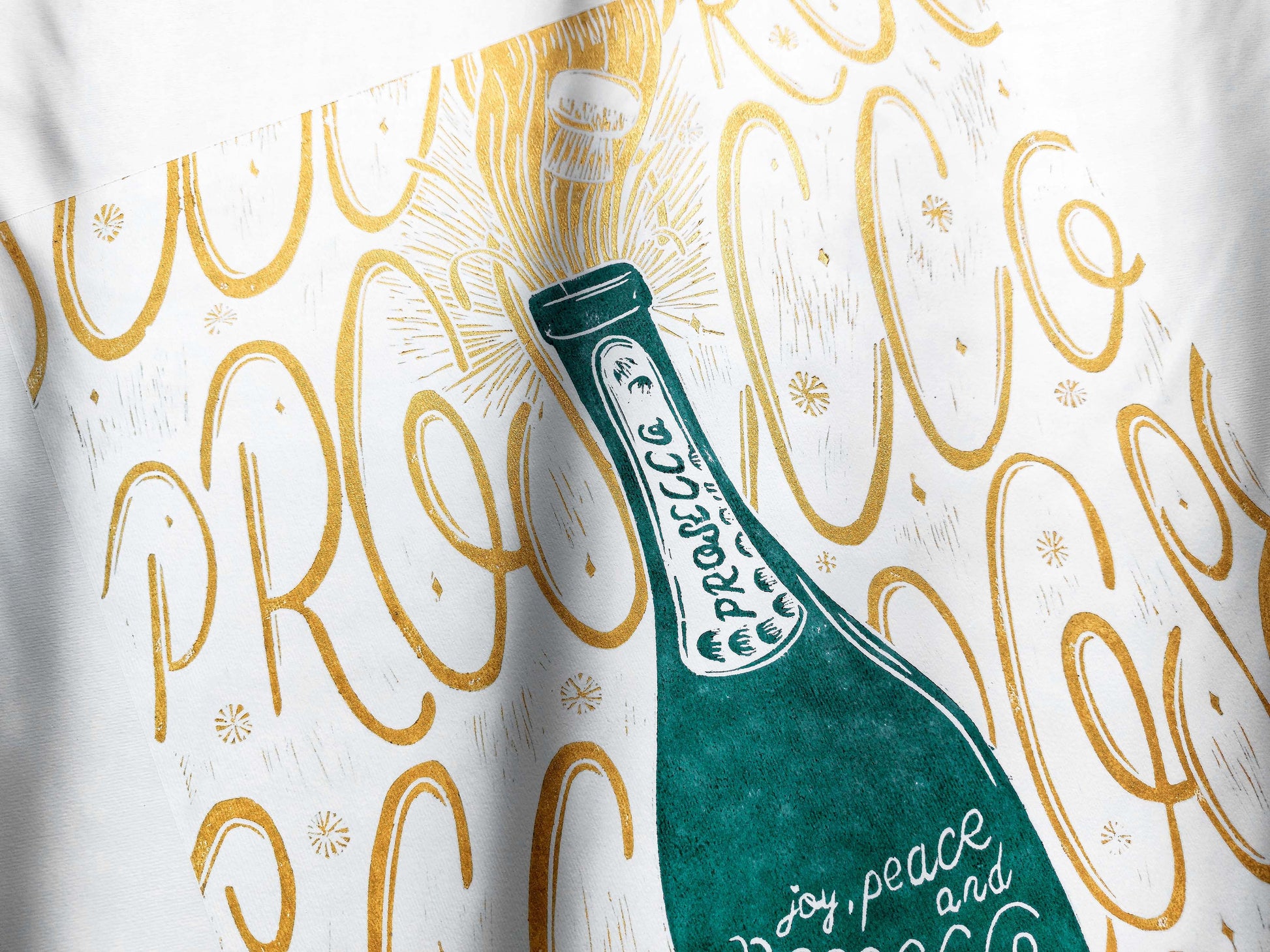 Gallery wall set of 2 Linocut prints Prosecco and Women hand with glass of white wine Holiday winter wall art Modern kitchen, Gift for girlfriend, printmaking art, handmade print, relief block print, Alcohol poster, Christmas artwork, dining room decor, Green black and gold decoration