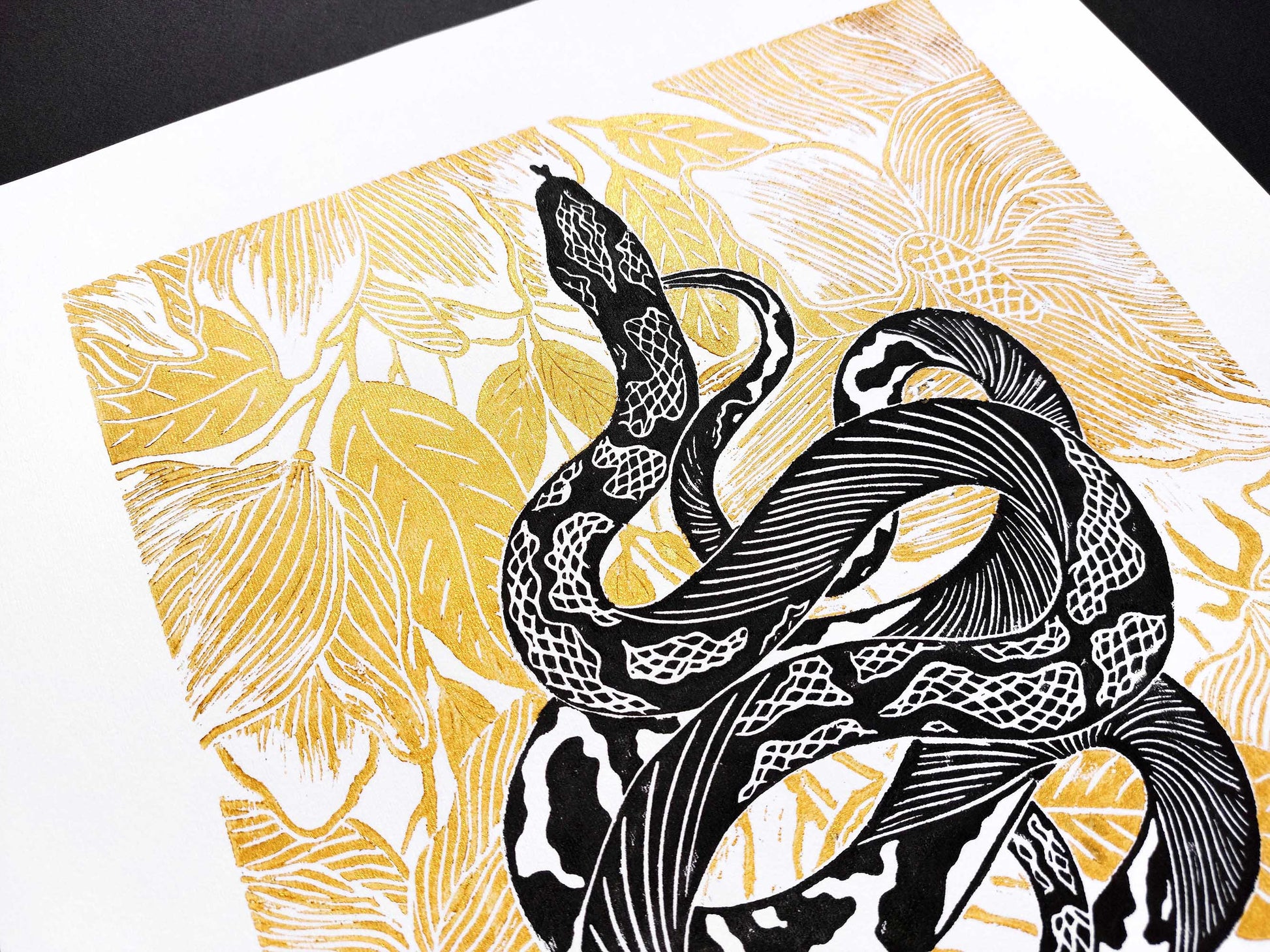 Black and gold floral snake magnolia flowers Linocut print for Nature lover gift UNFRAMED Housewarming gift New home gift Living room or bedroom decor 16x12 Reptile Original artwork Classical wall decor
