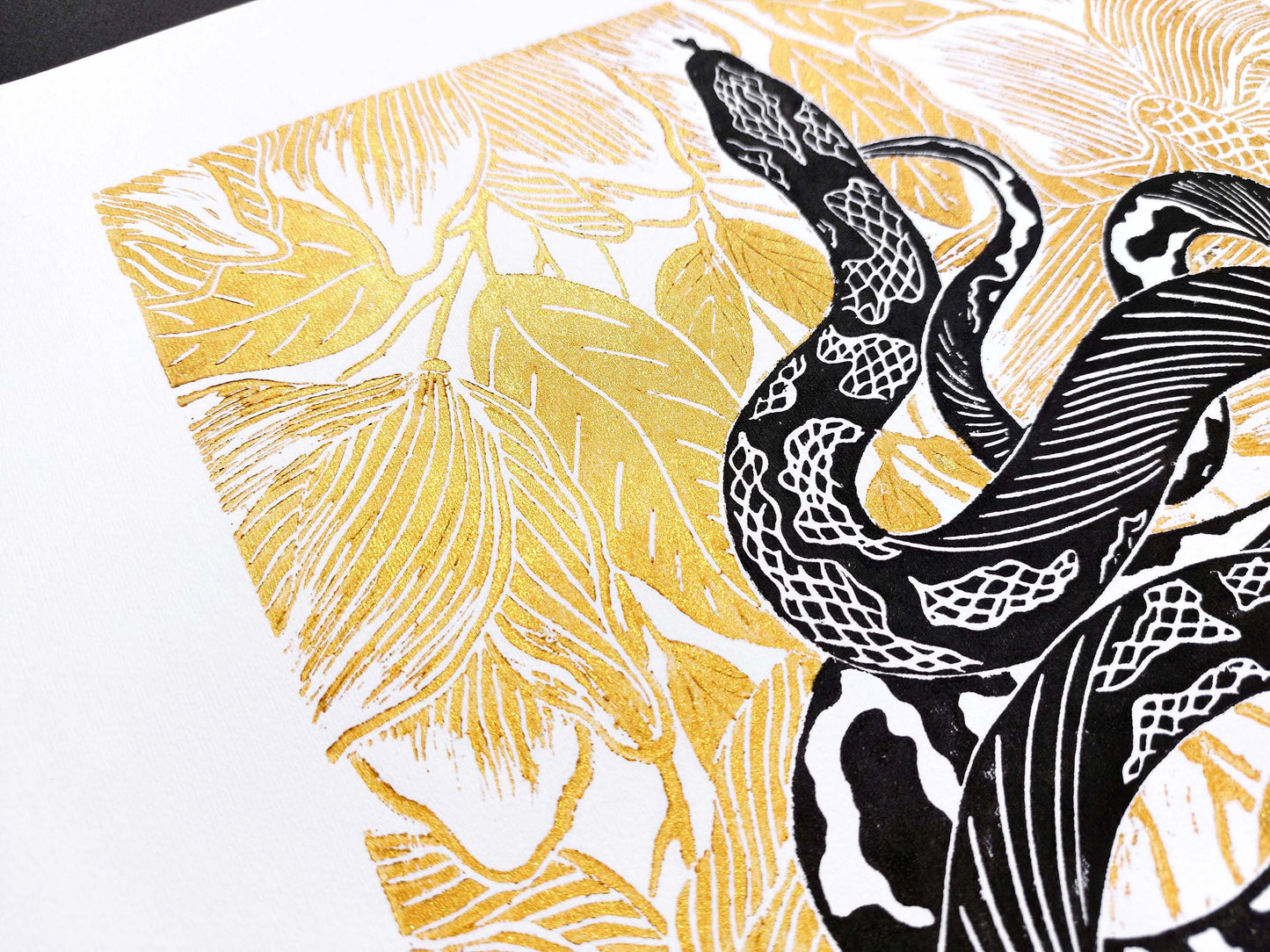 Black and gold floral snake magnolia flowers Linocut print for Nature lover gift UNFRAMED Housewarming gift New home gift Living room or bedroom decor 16x12 Reptile Original artwork Classical wall decor
