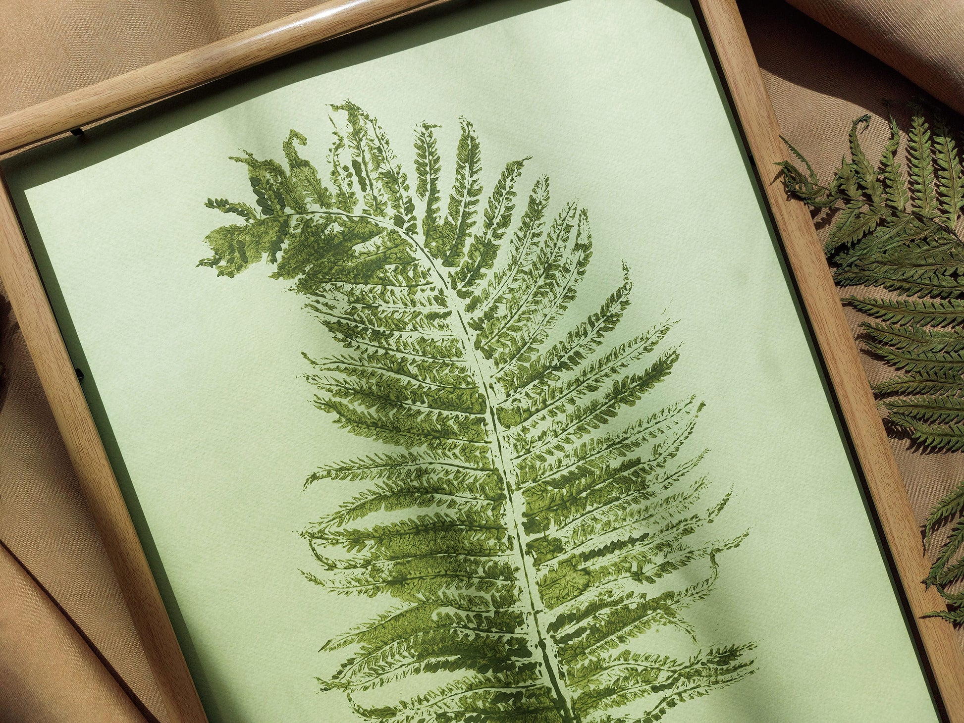 Monotype print Sage green fern textured relief plant texture Foraged wall decor Original printmaking artwork Nature lover gift One of a kind