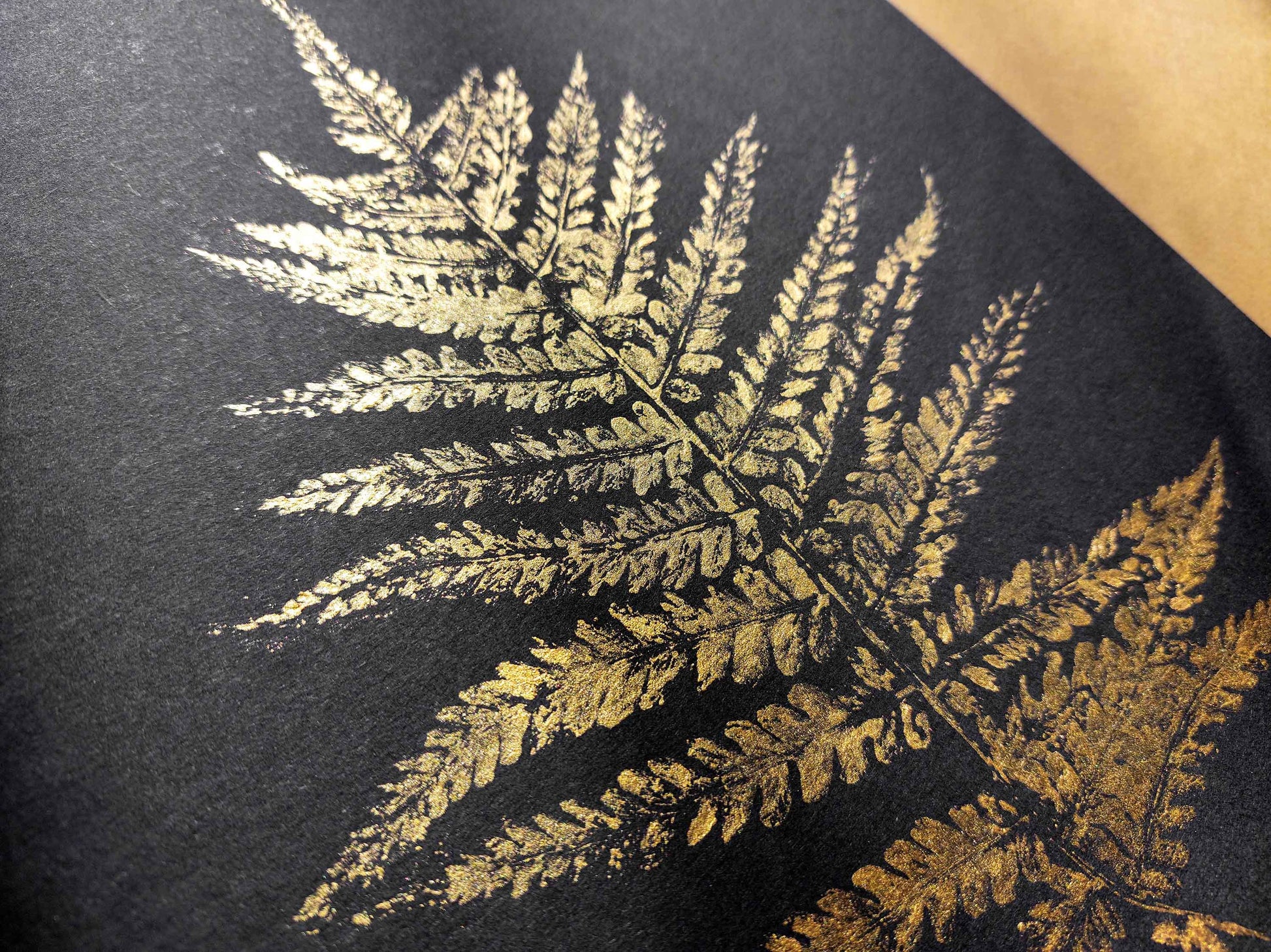 Gold and black Fern textured plant Monotype print N1 for Nature lover gift UNFRAMED, printmaking art, Bedroom wall decor, Living room wall art, relief print, handmade artwork, Foraged wall decor, Original artwork, Farm kitchen art, cottagecore wall art, new home gift, housewarming gift, farmhouse decor, vintage art, nature wall art, floral wall decor, botanical print