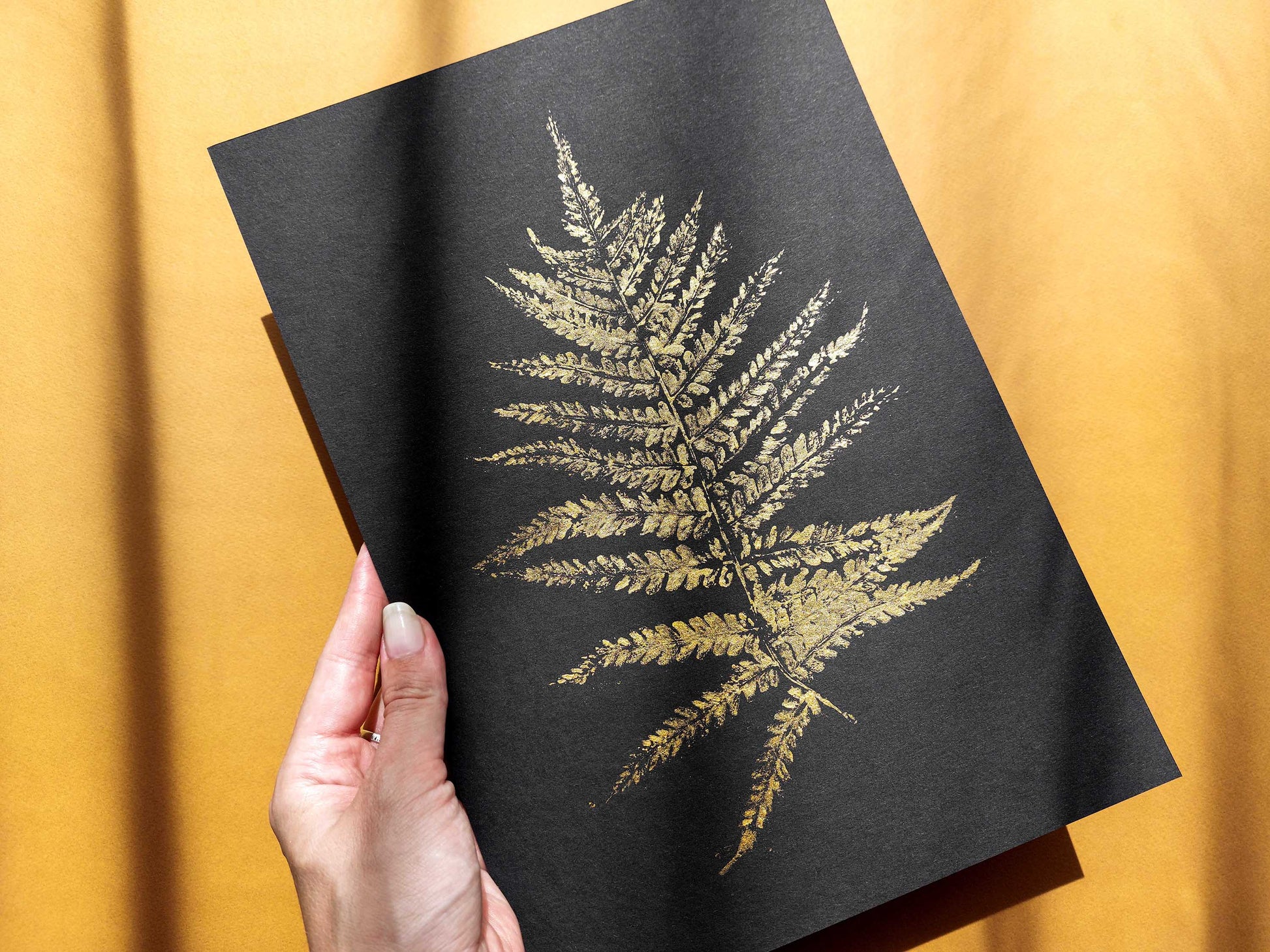 Gold and black Fern textured plant Monotype print N1 for Nature lover gift UNFRAMED, printmaking art, Bedroom wall decor, Living room wall art, relief print, handmade artwork, Foraged wall decor, Original artwork, Farm kitchen art, cottagecore wall art, new home gift, housewarming gift, farmhouse decor, vintage art, nature wall art, floral wall decor, botanical print