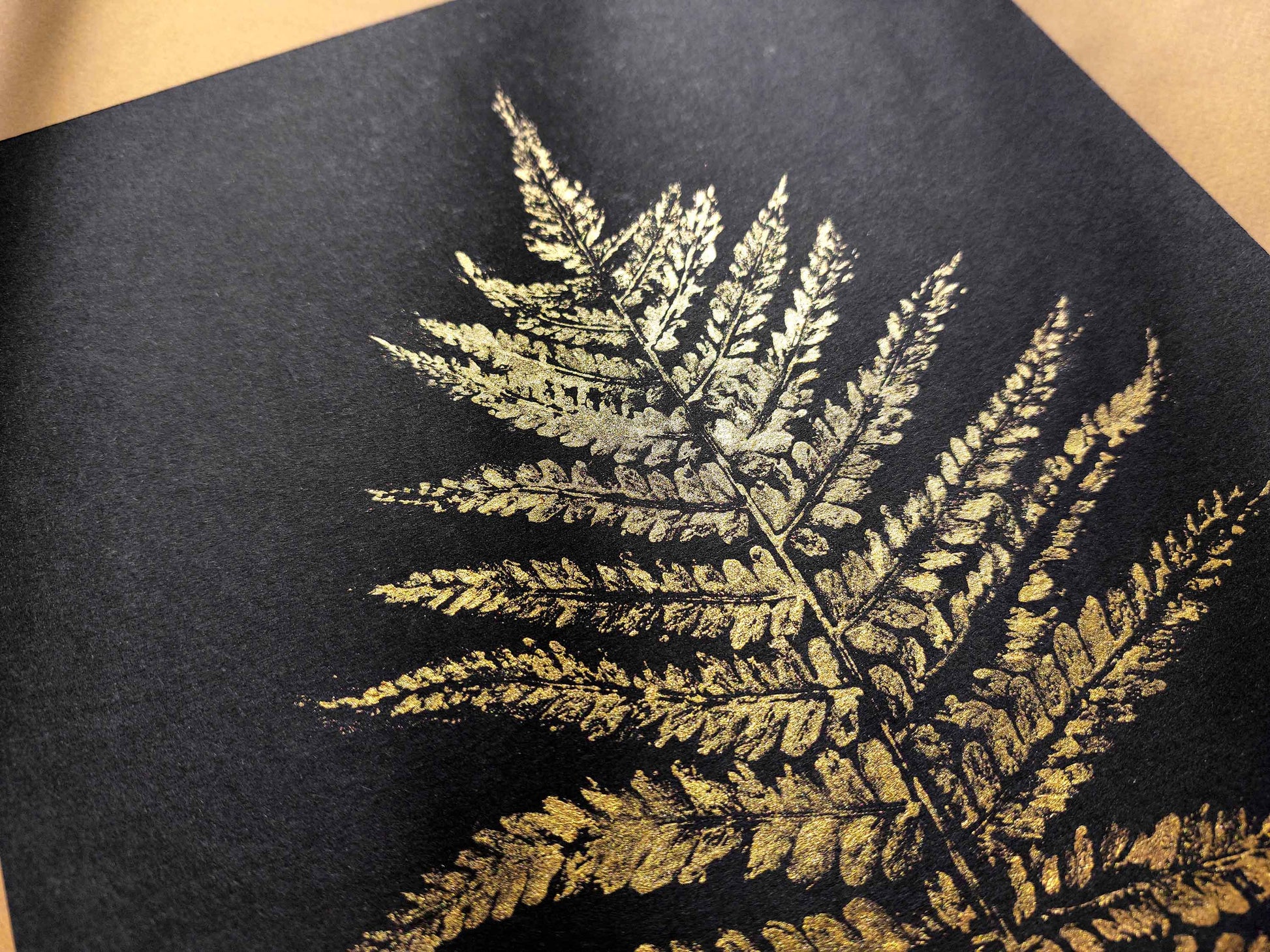 Gold and black Fern textured plant Monotype print N1 for Nature lover gift UNFRAMED, printmaking art, Bedroom wall decor, Living room wall art, relief print, handmade artwork, Foraged wall decor, Original artwork, Farm kitchen art, cottagecore wall art, new home gift, housewarming gift, farmhouse decor, vintage art, nature wall art, floral wall decor, botanical print