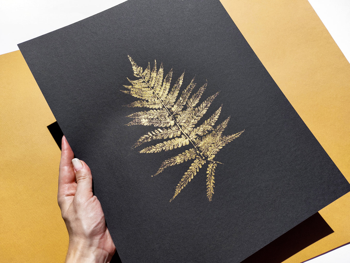 Monotype print Bedroom wall decor Living room wall art Nature lover gift Printmaking art relief print Gold and black art Fern textured plant Foraged wall decor Original artwork Farm kitchen art cottagecore wall art Botanical artwork