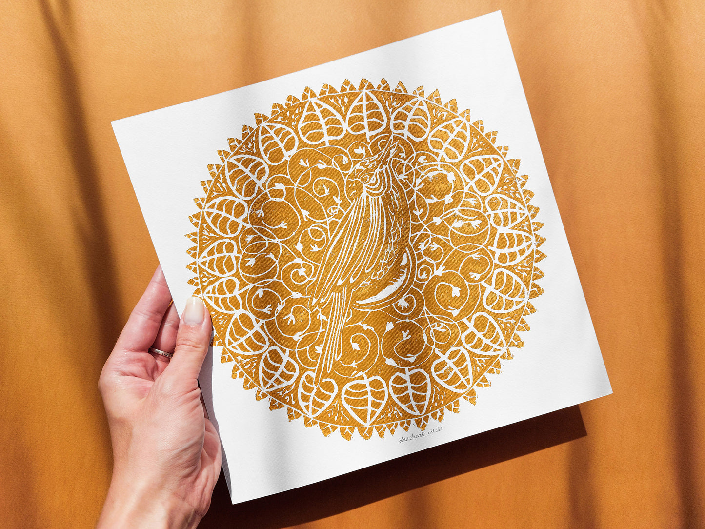 Linocut print Floral wall art Original artwork Housewarming gift Linogravure lino Ochre cockatiel floral kids bird Botanical nursery printmaking art Bedroom wall decor Living room wall New home gift relief parrot kids