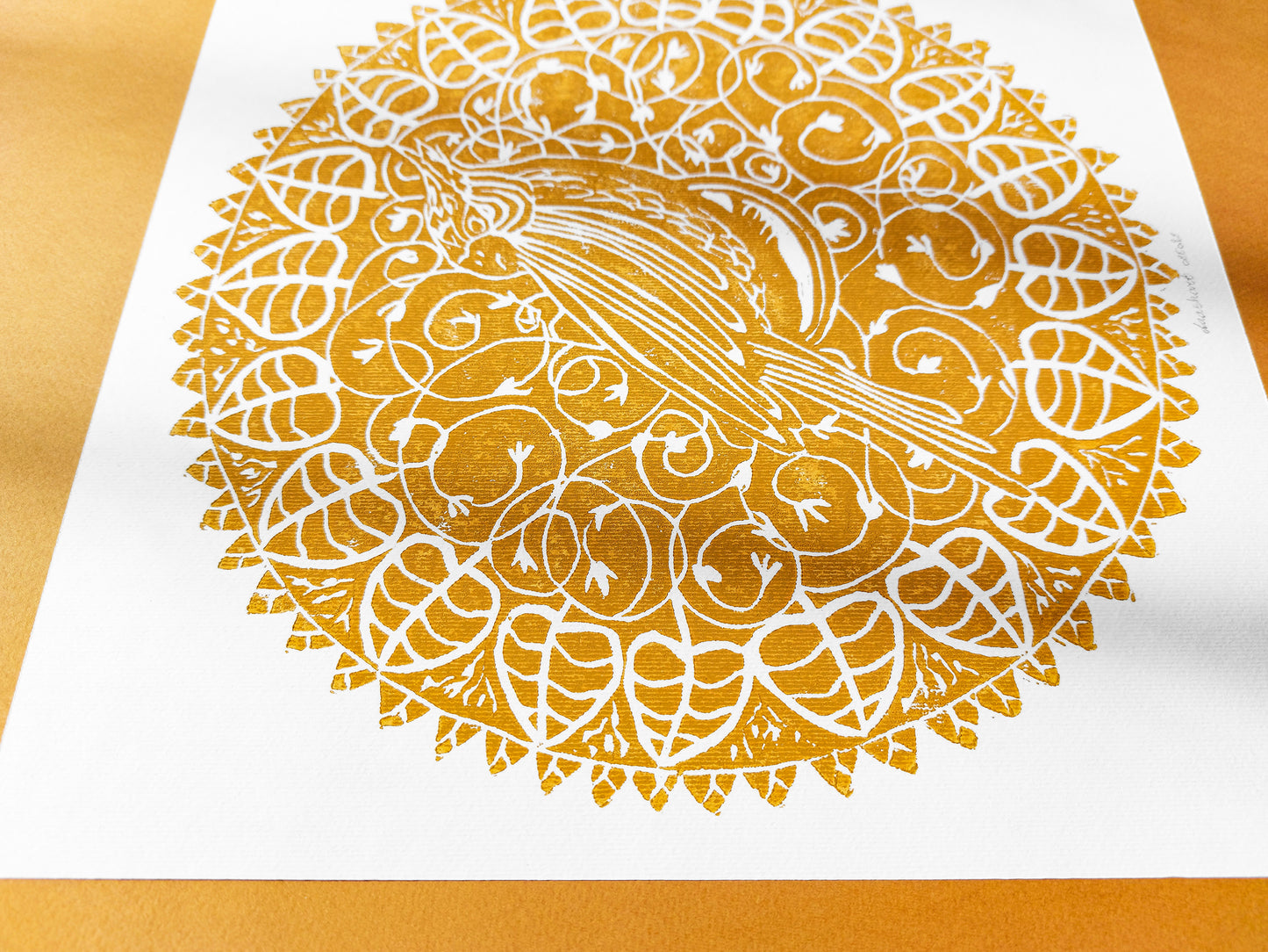 Linocut print Floral wall art Original artwork Housewarming gift Linogravure lino Ochre cockatiel floral kids bird Botanical nursery printmaking art Bedroom wall decor Living room wall New home gift relief parrot kids