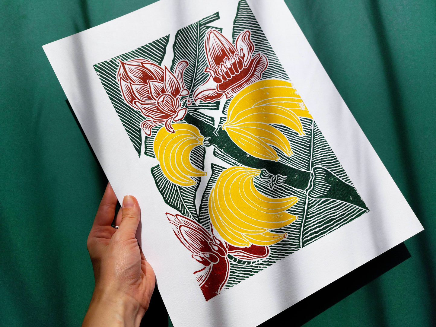 Banana linocut print / Original artwork Botanical fruit for modern kitchen wall art or Nature lover gift UNFRAMED / lino print, linogravure, block print, relief print, printmaking, handmade art, living room, dining room, farm kitchen decor, bedroom, tropikal art