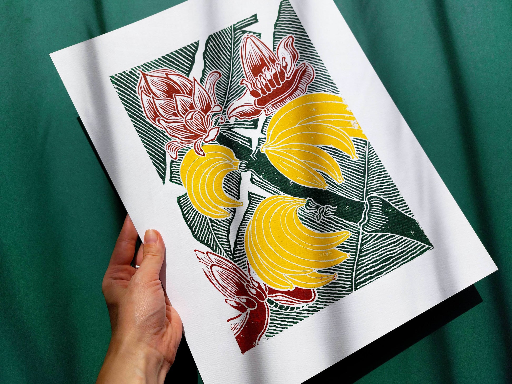 Banana linocut print  / Original artwork Botanical fruit for modern kitchen wall art or Nature lover gift UNFRAMED / lino print, linogravure, block print, relief print, printmaking, handmade art, living room, dining room, farm kitchen decor, bedroom, tropikal art