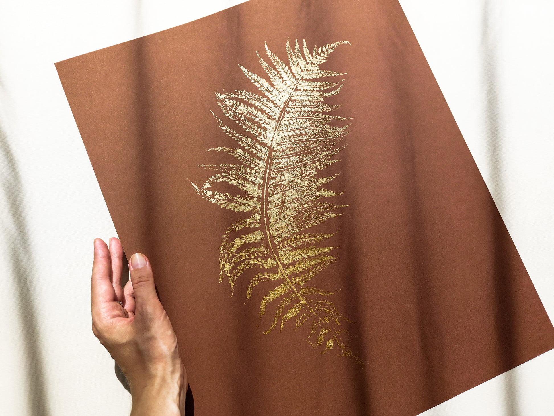 Monotype print Bedroom wall decor Living room wall art Nature lover gift Fern textured plant Original artwork Farm kitchen art Gold brown relief Foraged cottagecore printmaking nature First New home Leaf simple acrylic One of a kind large