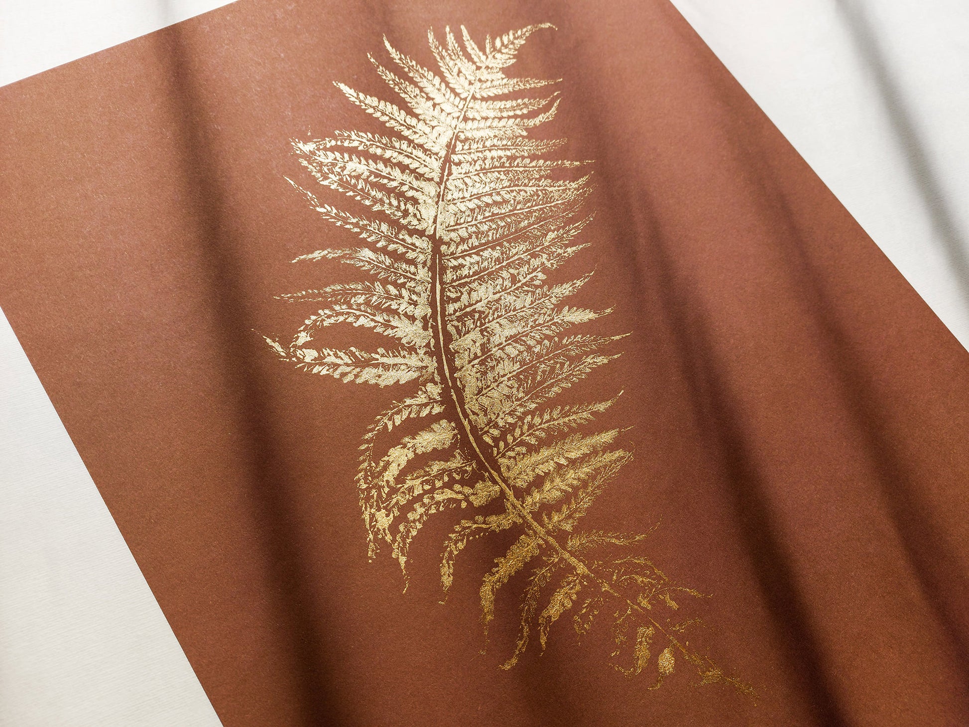 Monotype print Bedroom wall decor Living room wall art Nature lover gift Fern textured plant Original artwork Farm kitchen art Gold brown relief Foraged cottagecore printmaking nature First New home Leaf simple acrylic One of a kind large