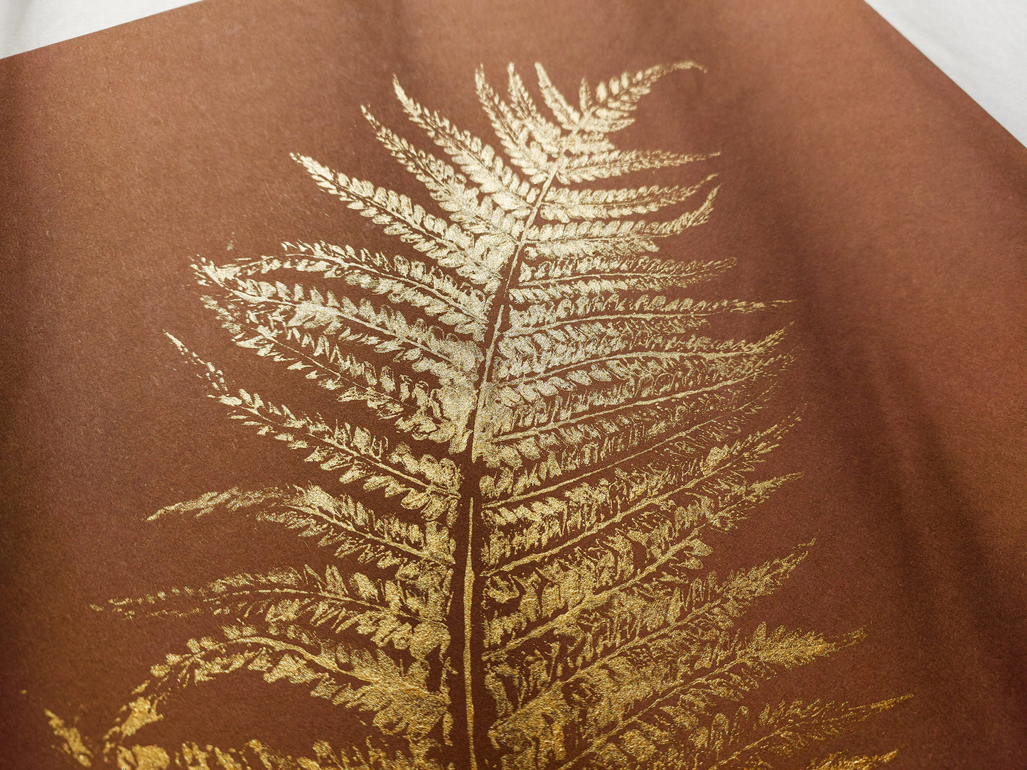 Monotype print Bedroom wall decor Living room wall art Nature lover gift Fern textured plant Original artwork Farm kitchen art Gold brown relief Foraged cottagecore printmaking nature First New home Leaf simple acrylic One of a kind large