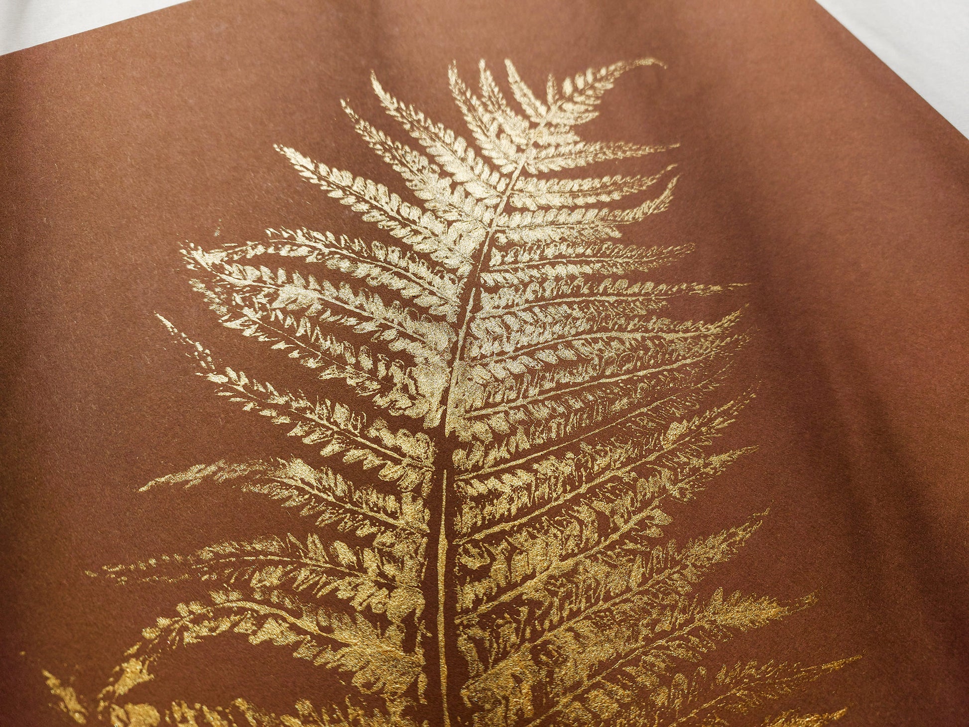 Monotype print Bedroom wall decor Living room wall art Nature lover gift Fern textured plant Original artwork Farm kitchen art Gold brown relief Foraged cottagecore printmaking nature First New home Leaf simple acrylic One of a kind large