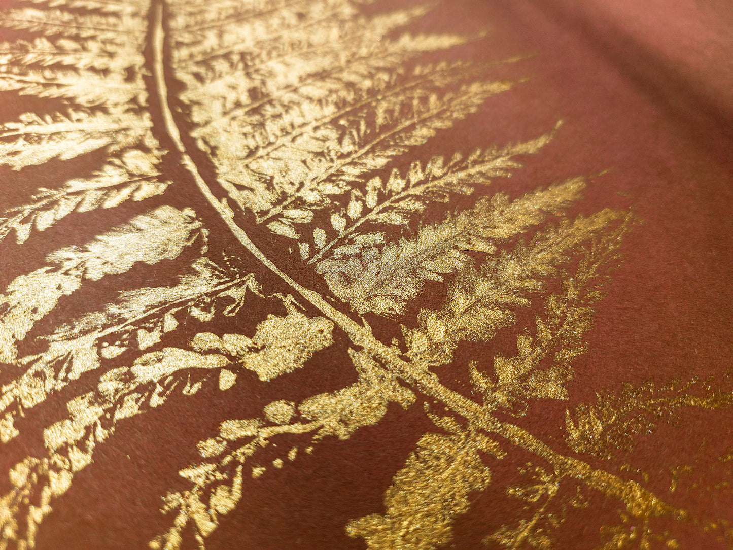 Monotype print Bedroom wall decor Living room wall art Nature lover gift Fern textured plant Original artwork Farm kitchen art Gold brown relief Foraged cottagecore printmaking nature First New home Leaf simple acrylic One of a kind large