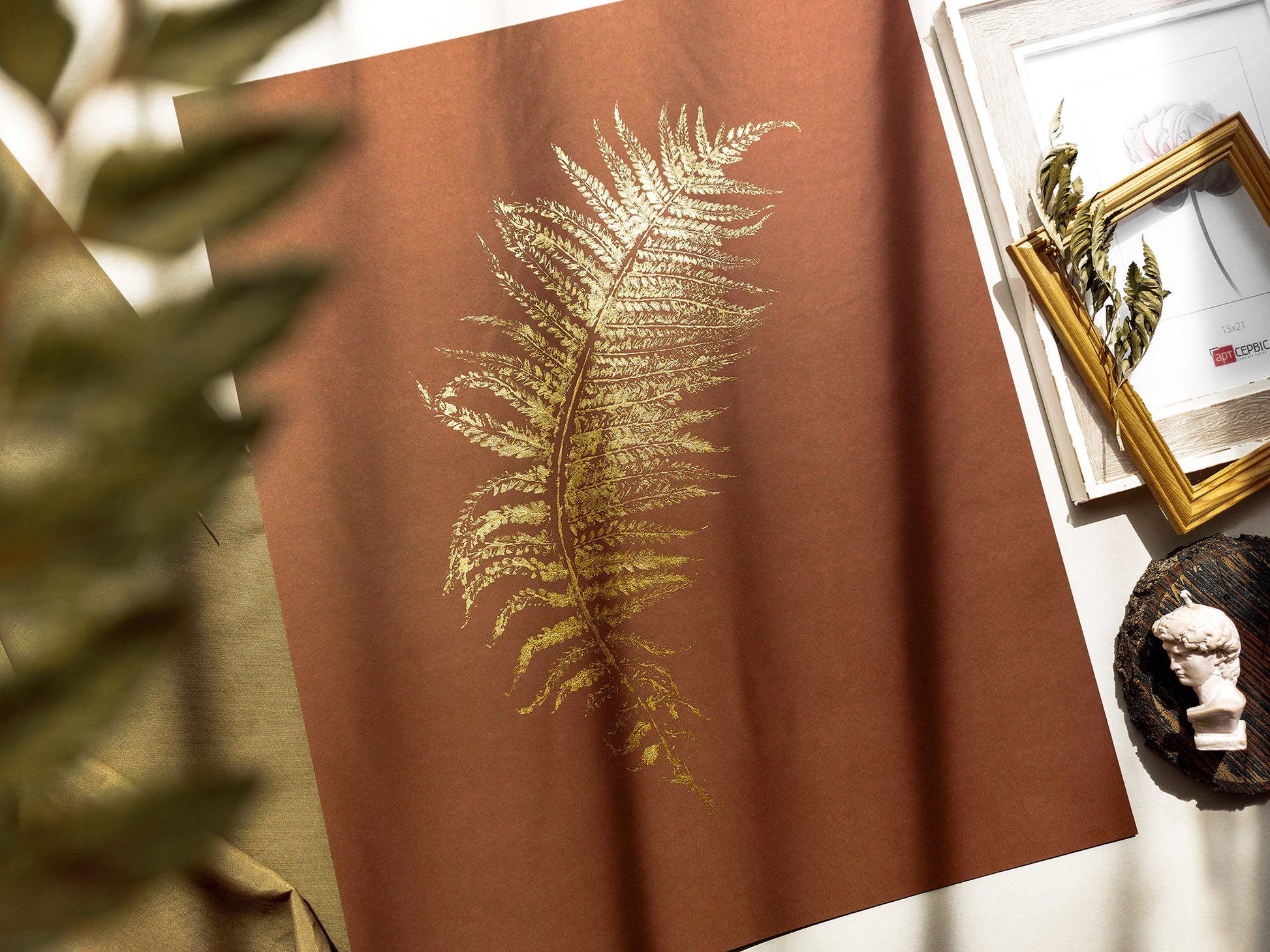 Monotype print Bedroom wall decor Living room wall art Nature lover gift Fern textured plant Original artwork Farm kitchen art Gold brown relief Foraged cottagecore printmaking nature First New home Leaf simple acrylic One of a kind large