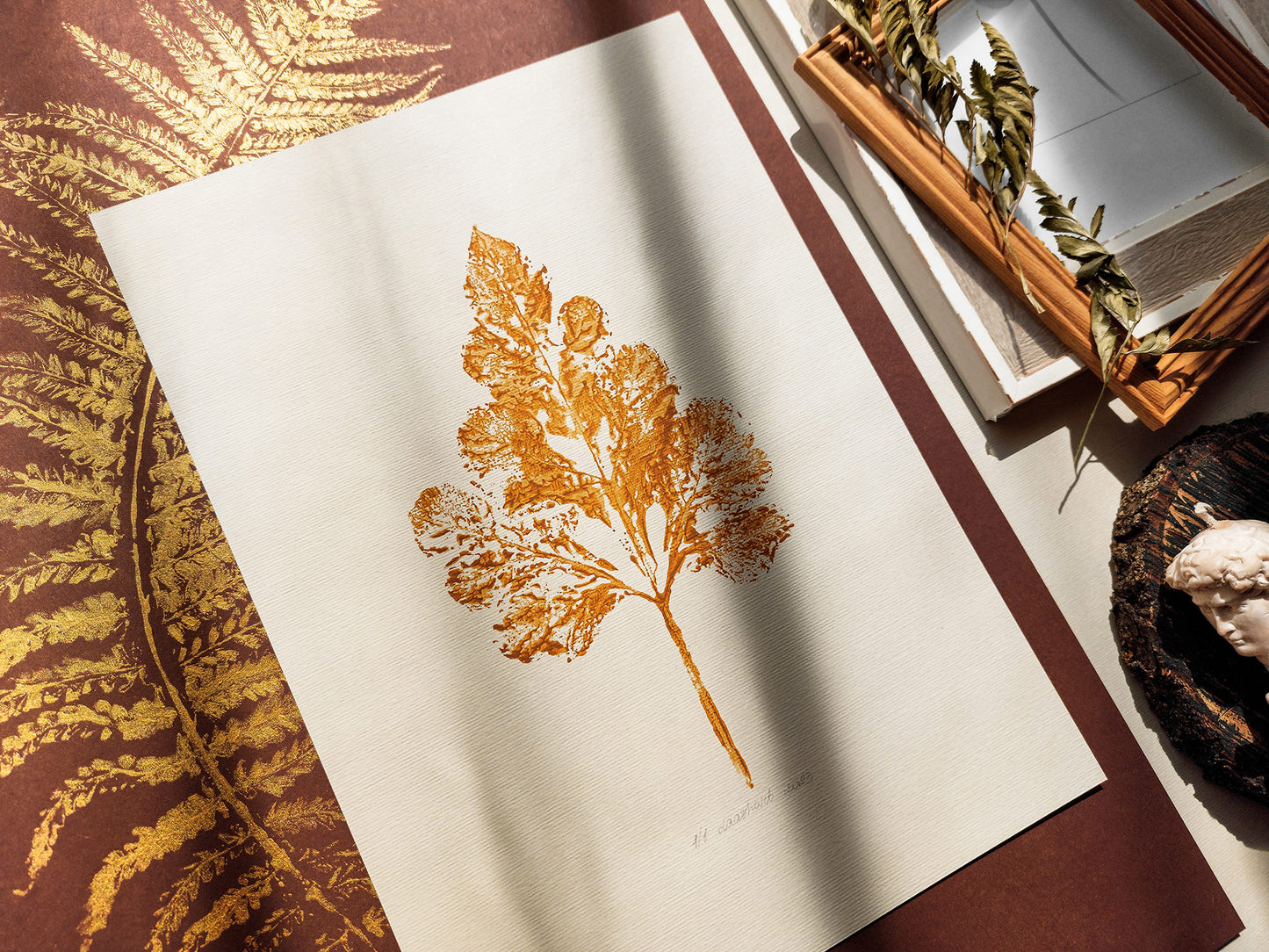 Monotype print	Bedroom wall decor	Living room wall art	Nature lover gift	Yellow ochre relief	abstract leaf Plant	Textured printmaking	Original artwork	painting farmhouse	One of a kind	cottagecore foraged	minimalist vintage	New first home block