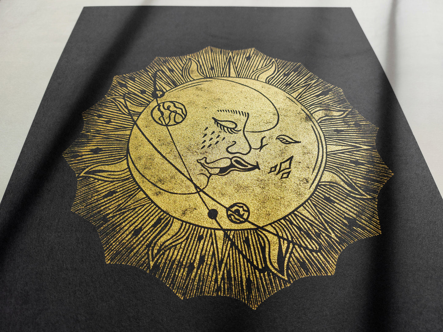 Linocut print original artwork Living room Kisses Printmaking simple Linogravure lino Boho gold moon sun kiss Printmaking relief wall art Bedroom valentines home decor block New first home gift girlfriend boyfriend wife bestfriend black and white