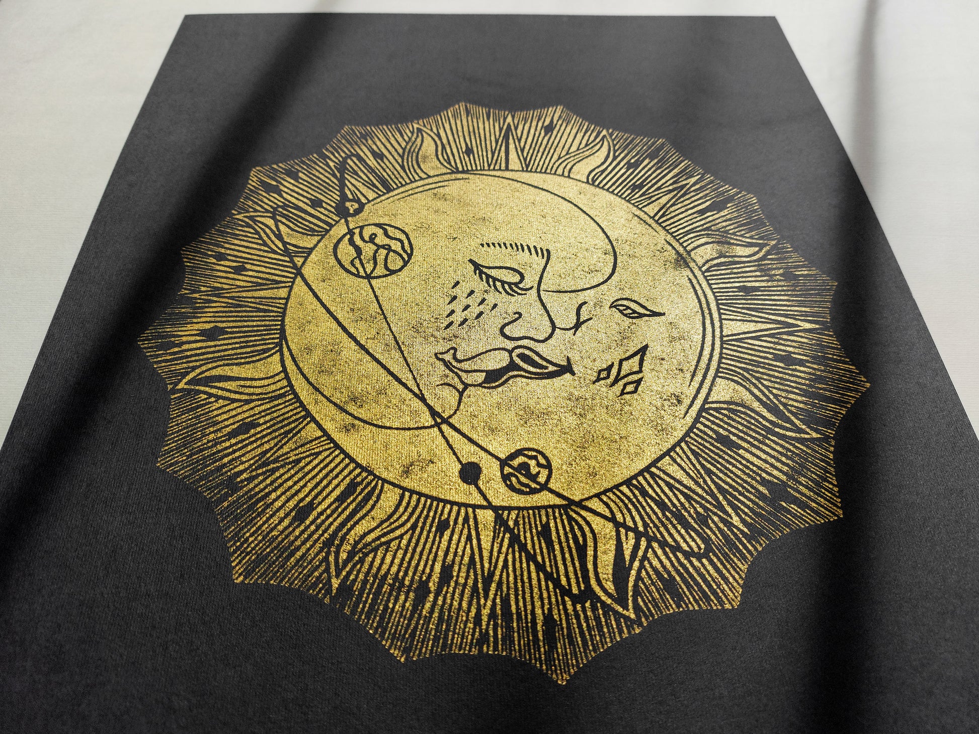 Linocut print original artwork Living room Kisses Printmaking simple Linogravure lino Boho gold moon sun kiss Printmaking relief wall art Bedroom valentines home decor block New first home gift girlfriend boyfriend wife bestfriend black and white