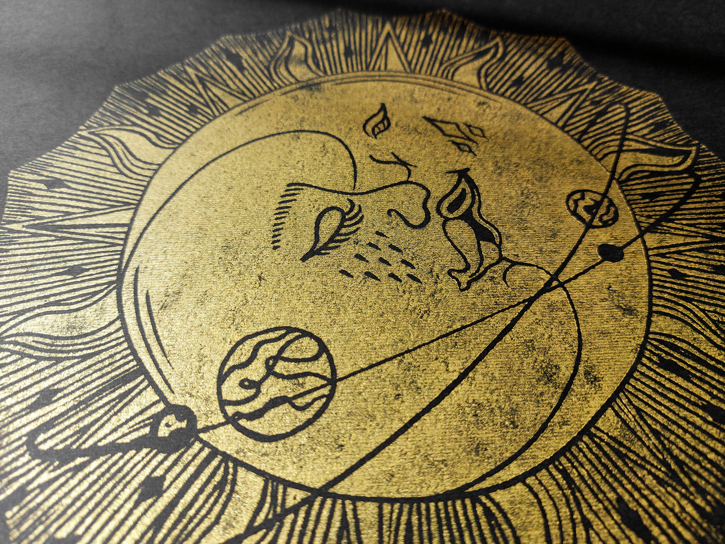 Linocut print original artwork Living room Kisses Printmaking simple Linogravure lino Boho gold moon sun kiss Printmaking relief wall art Bedroom valentines home decor block New first home gift girlfriend boyfriend wife bestfriend black and white