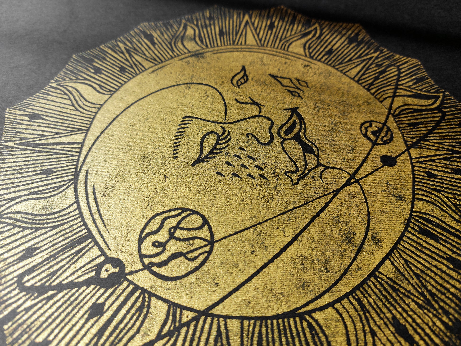 Linocut print original artwork Living room Kisses Printmaking simple Linogravure lino Boho gold moon sun kiss Printmaking relief wall art Bedroom valentines home decor block New first home gift girlfriend boyfriend wife bestfriend black and white