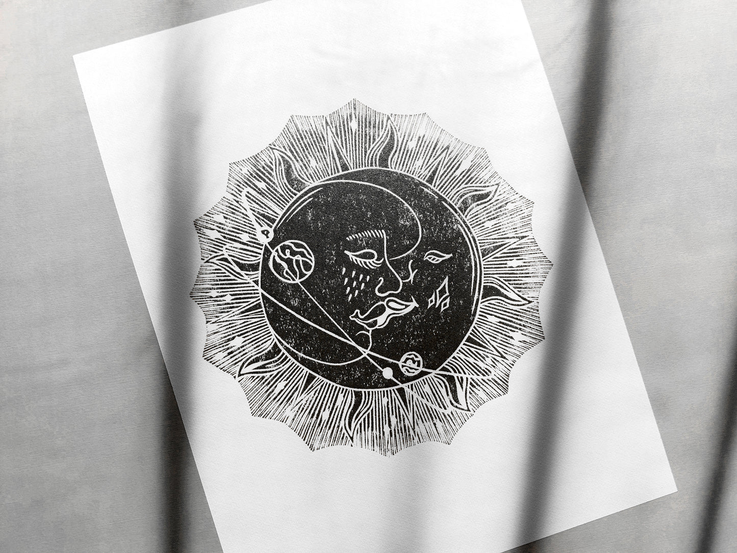Linocut print original artwork Living room Kisses Printmaking simple Linogravure lino Boho gold moon sun kiss Printmaking relief wall art Bedroom valentines home decor block New first home gift girlfriend boyfriend wife bestfriend black and white