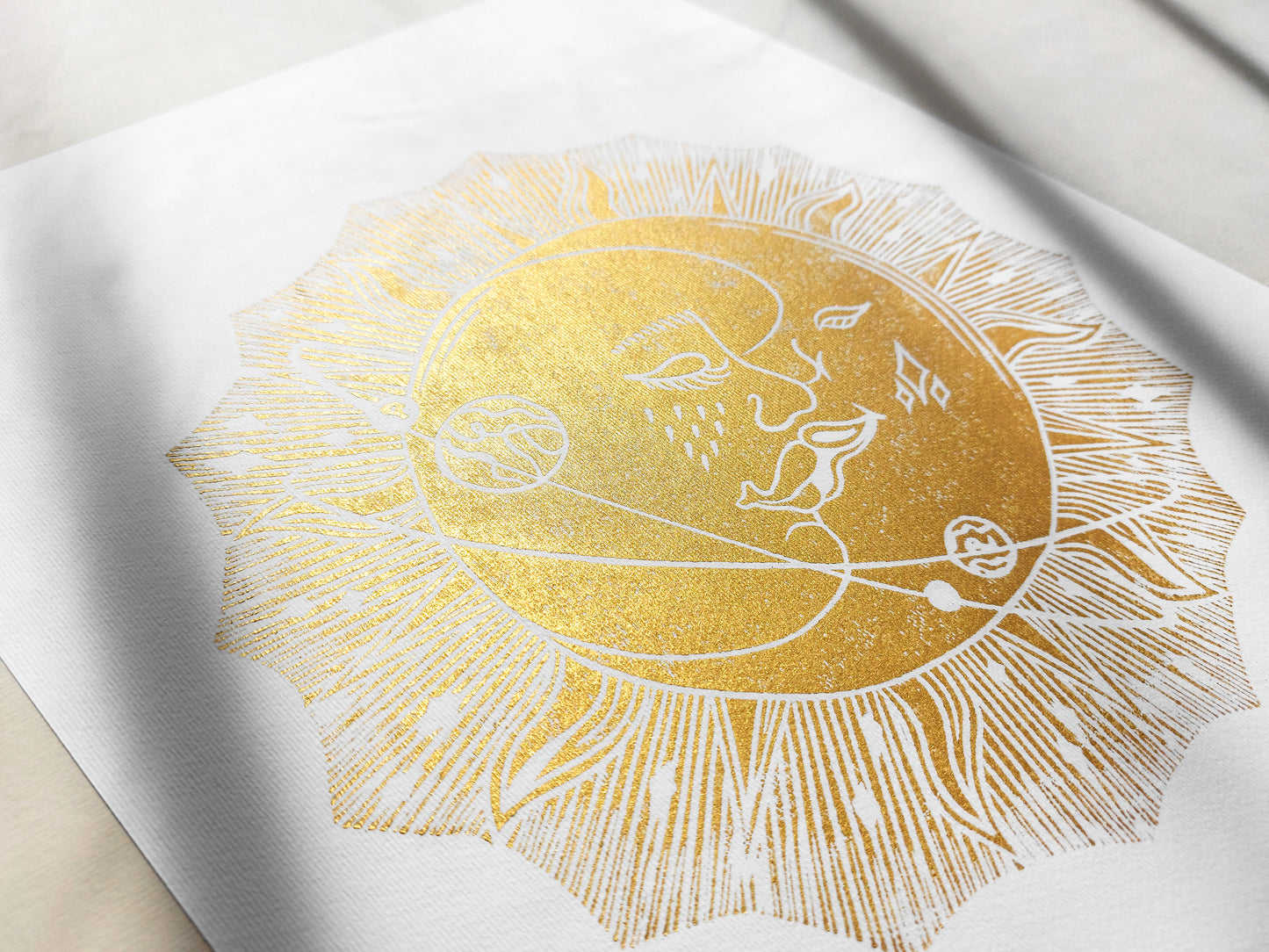 Linocut print original artwork Living room Kisses Printmaking simple Linogravure lino Boho gold moon sun kiss Printmaking relief wall art Bedroom valentines home decor block New first home gift girlfriend boyfriend wife bestfriend black and white