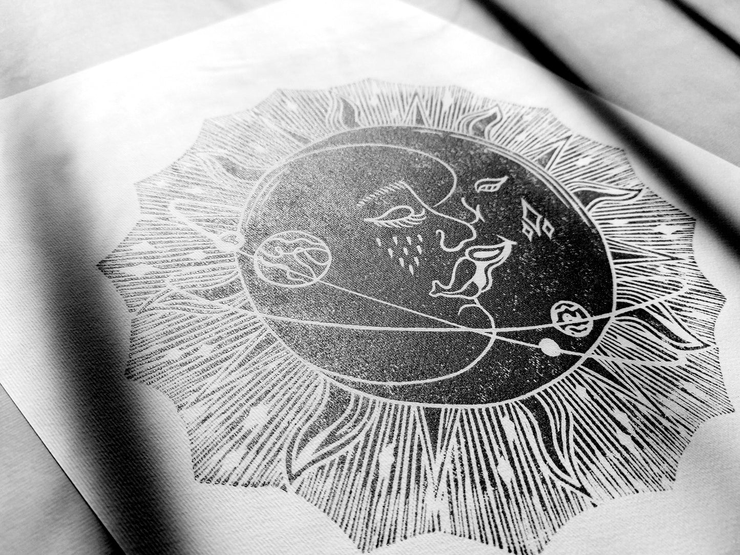 Linocut print original artwork Living room Kisses Printmaking simple Linogravure lino Boho gold moon sun kiss Printmaking relief wall art Bedroom valentines home decor block New first home gift girlfriend boyfriend wife bestfriend black and white