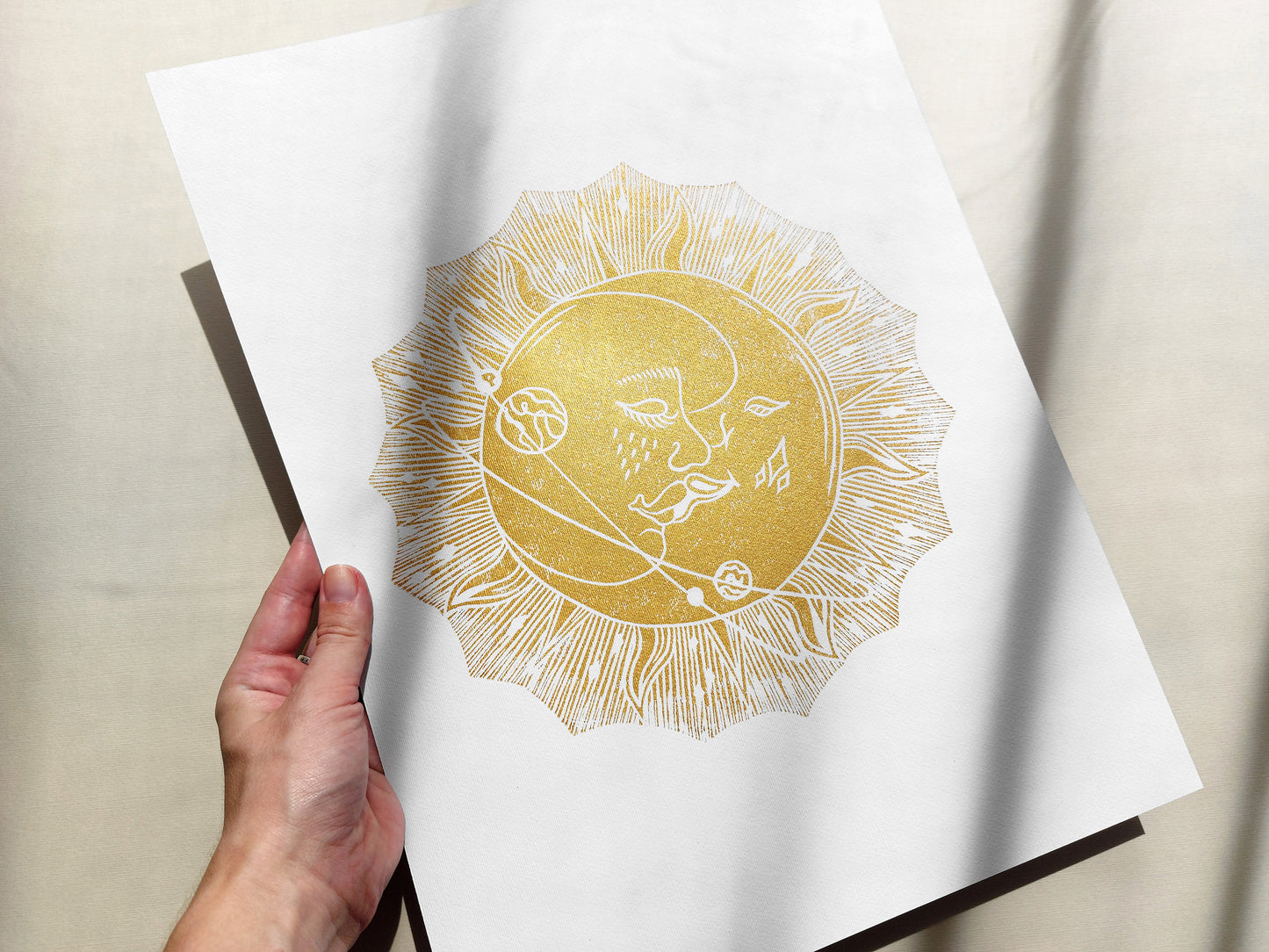 Linocut print original artwork Living room Kisses Printmaking simple Linogravure lino Boho gold moon sun kiss Printmaking relief wall art Bedroom valentines home decor block New first home gift girlfriend boyfriend wife bestfriend black and white