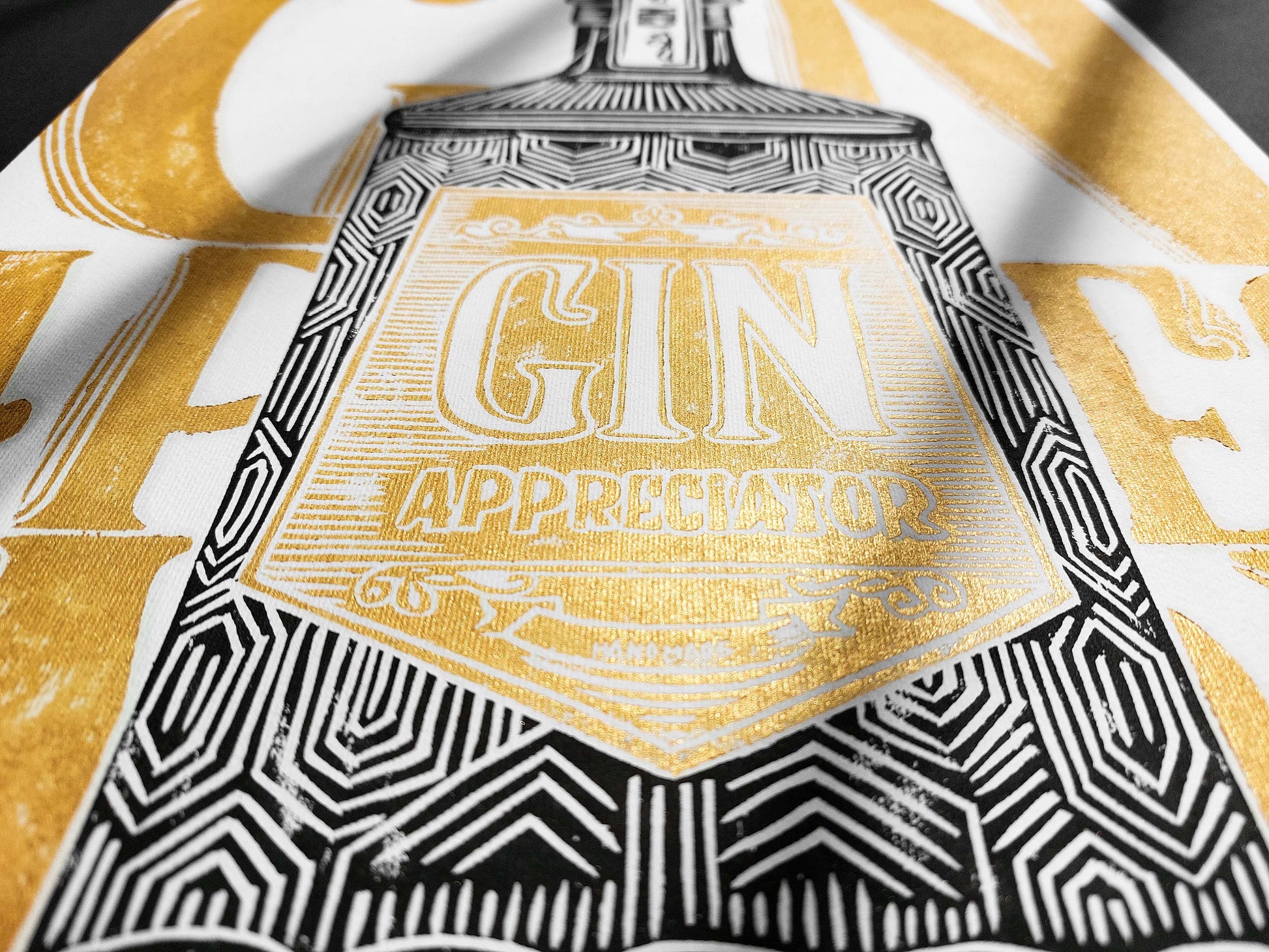 Linocut print Gin appreciator Original artwork Modern alcohol wall art Holiday winter wall art for bar gift and Grandpa Chic wall decor, handmade relief print, printmaking art, block print, gold and black decor, Modern kitchen art, dining room, Linogravure, Lino print, New home gift, Gift for him, Grandpa Chic wall