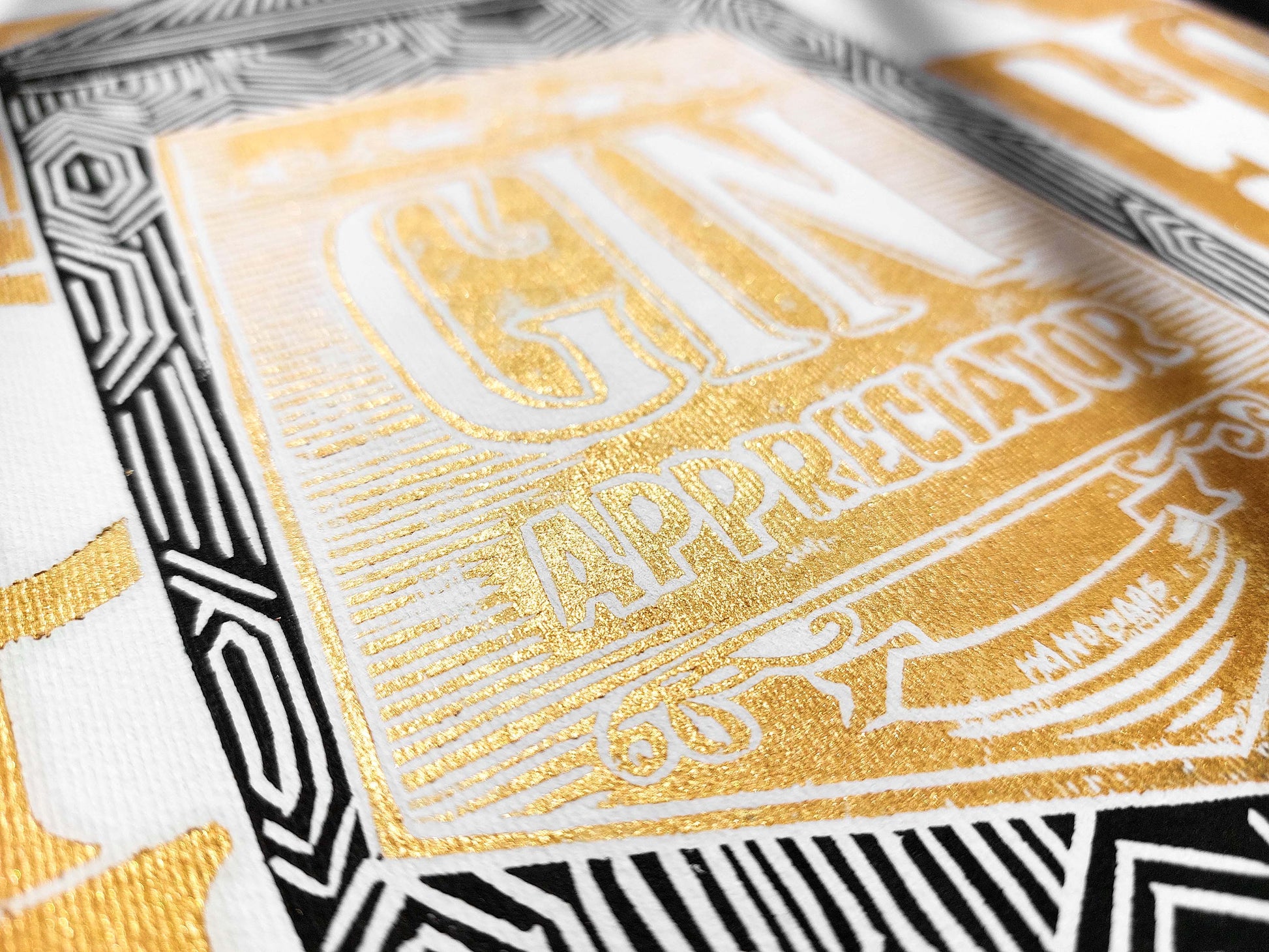 Linocut print Gin appreciator Original artwork Modern alcohol wall art Holiday winter wall art for bar gift and Grandpa Chic wall decor, handmade relief print, printmaking art, block print, gold and black decor, Modern kitchen art, dining room, Linogravure, Lino print, New home gift, Gift for him, Grandpa Chic wall