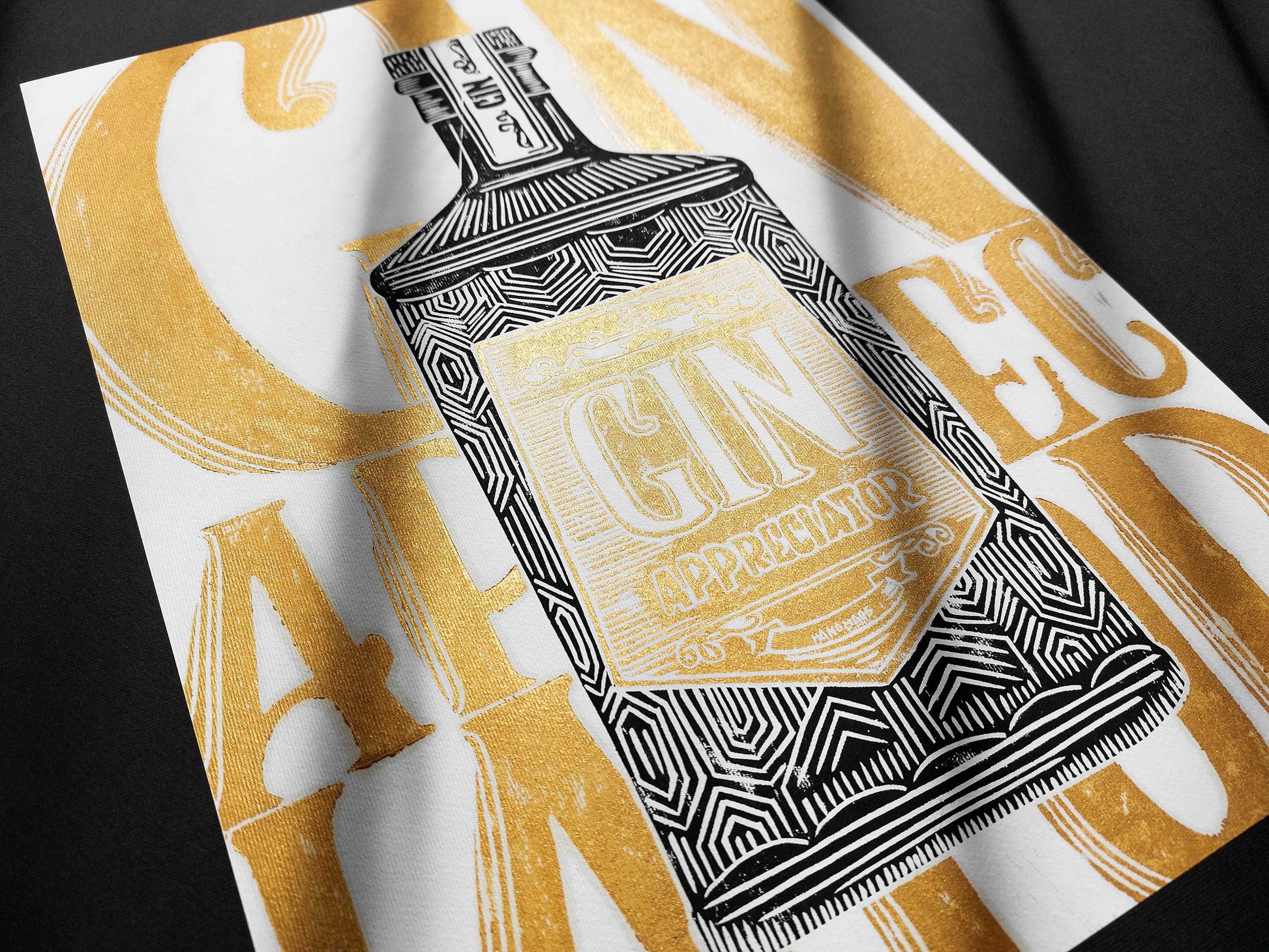Linocut print Gin appreciator Original artwork Modern alcohol wall art Holiday winter wall art for bar gift and Grandpa Chic wall decor, handmade relief print, printmaking art, block print, gold and black decor, Modern kitchen art, dining room, Linogravure, Lino print, New home gift, Gift for him, Grandpa Chic wall