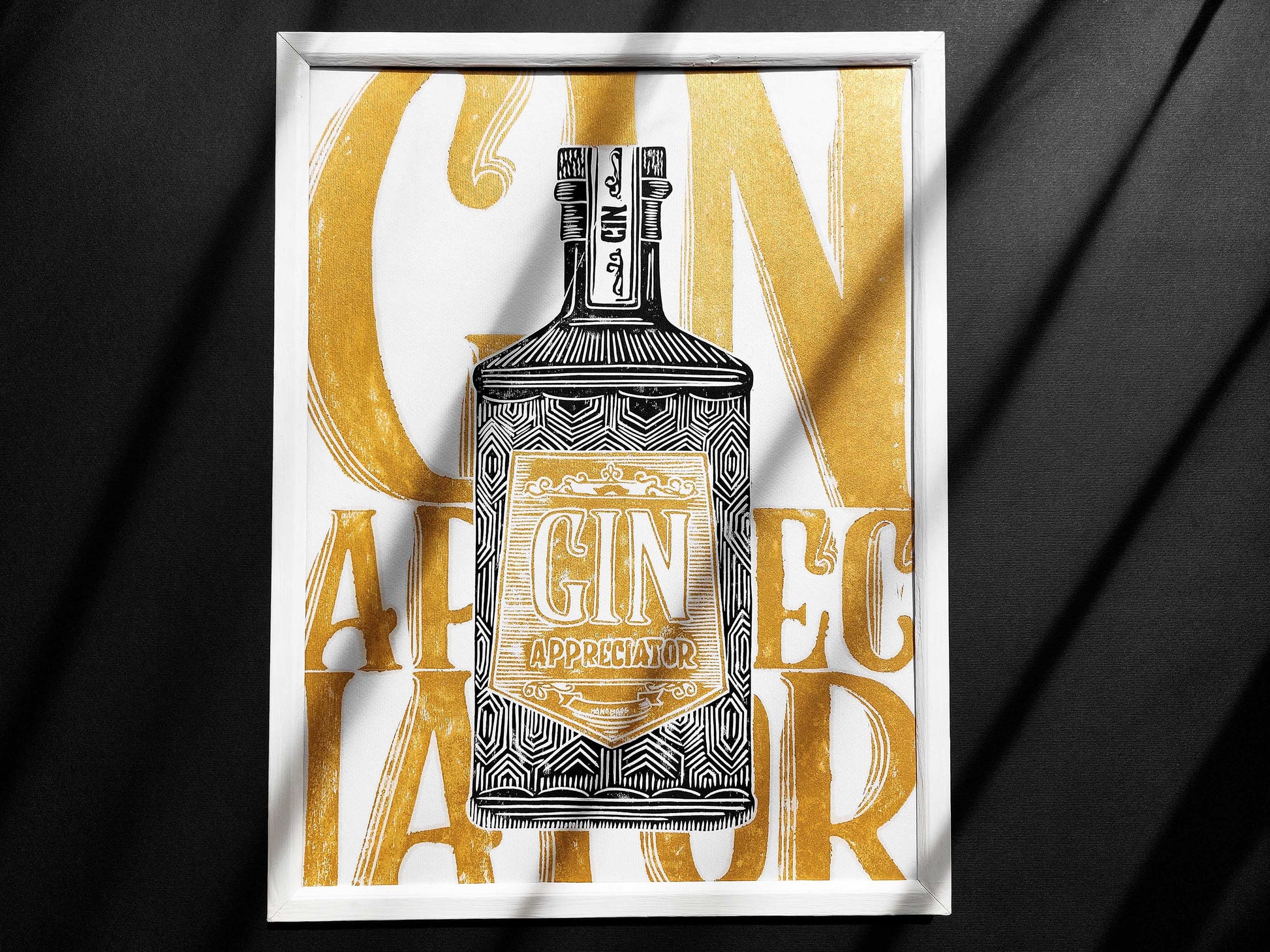 Linocut print Gin appreciator Original artwork Modern alcohol wall art Holiday winter wall art for bar gift and Grandpa Chic wall decor, handmade relief print, printmaking art, block print, gold and black decor, Modern kitchen art, dining room, Linogravure, Lino print, New home gift, Gift for him, Grandpa Chic wall