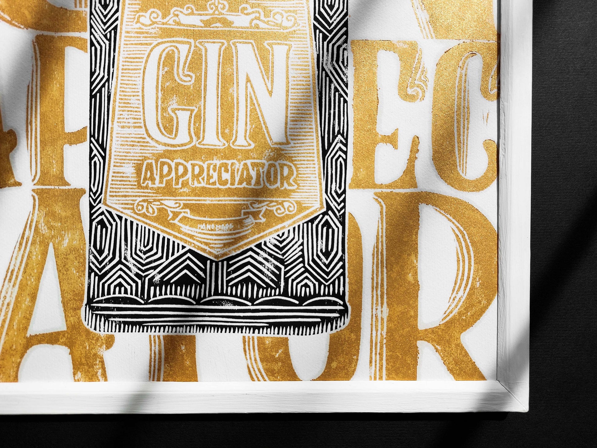 Linocut print Gin appreciator Original artwork Modern alcohol wall art Holiday winter wall art for bar gift and Grandpa Chic wall decor, handmade relief print, printmaking art, block print, gold and black decor, Modern kitchen art, dining room, Linogravure, Lino print, New home gift, Gift for him, Grandpa Chic wall