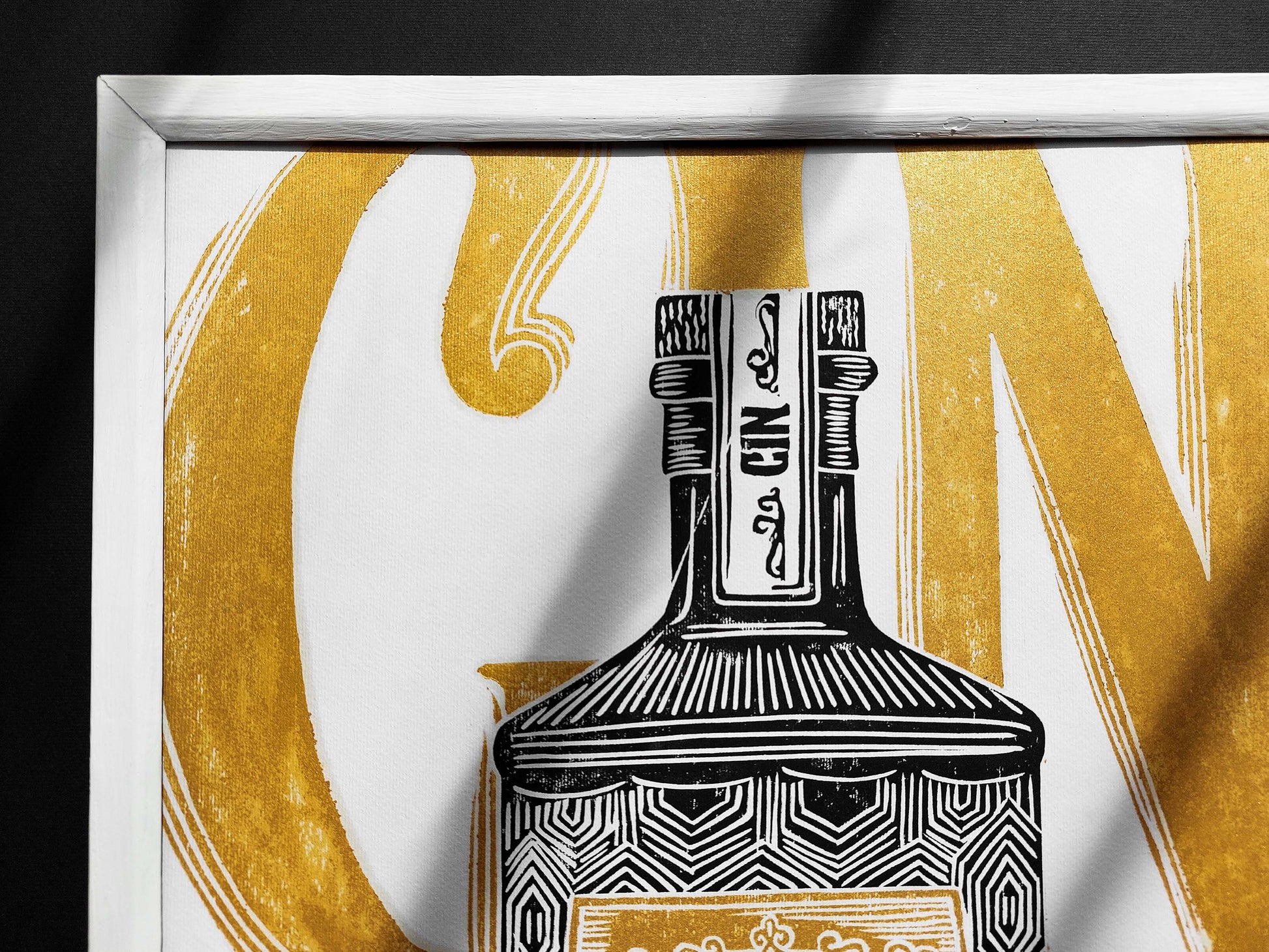 Linocut print Gin appreciator Original artwork Modern alcohol wall art Holiday winter wall art for bar gift and Grandpa Chic wall decor, handmade relief print, printmaking art, block print, gold and black decor, Modern kitchen art, dining room, Linogravure, Lino print, New home gift, Gift for him, Grandpa Chic wall