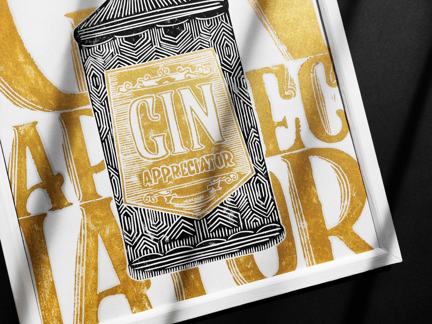Linocut print Gin appreciator Original artwork Modern alcohol wall art Holiday winter wall art for bar gift and Grandpa Chic wall decor, handmade relief print, printmaking art, block print, gold and black decor, Modern kitchen art, dining room, Linogravure, Lino print, New home gift, Gift for him, Grandpa Chic wall