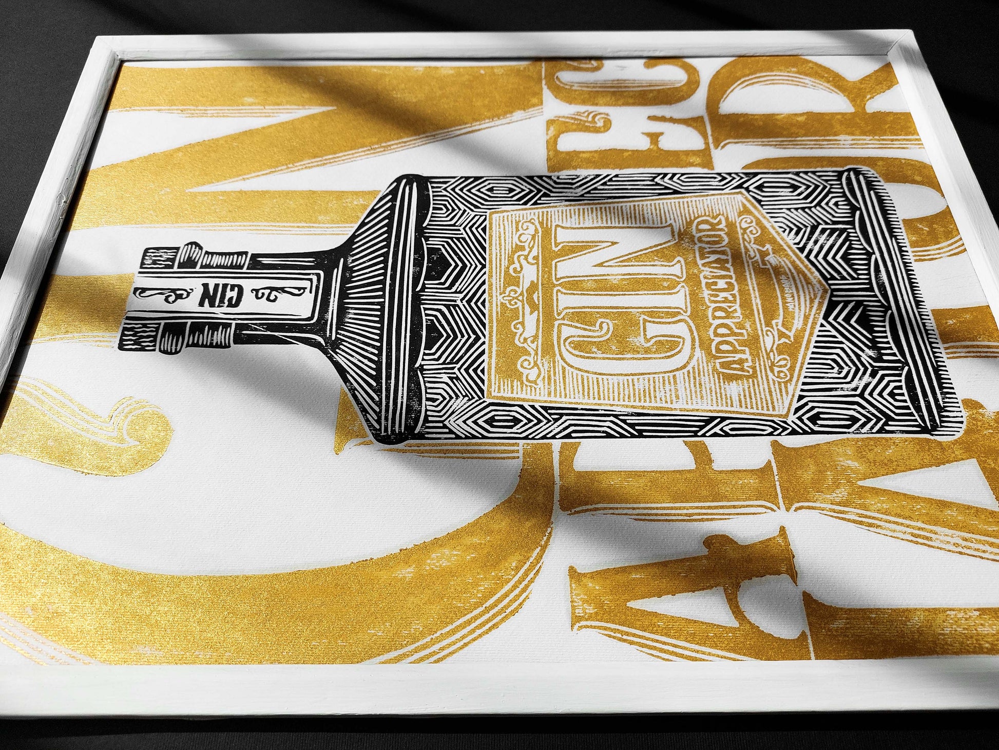 Linocut print Gin appreciator Original artwork Modern alcohol wall art Holiday winter wall art for bar gift and Grandpa Chic wall decor, handmade relief print, printmaking art, block print, gold and black decor, Modern kitchen art, dining room, Linogravure, Lino print, New home gift, Gift for him, Grandpa Chic wall