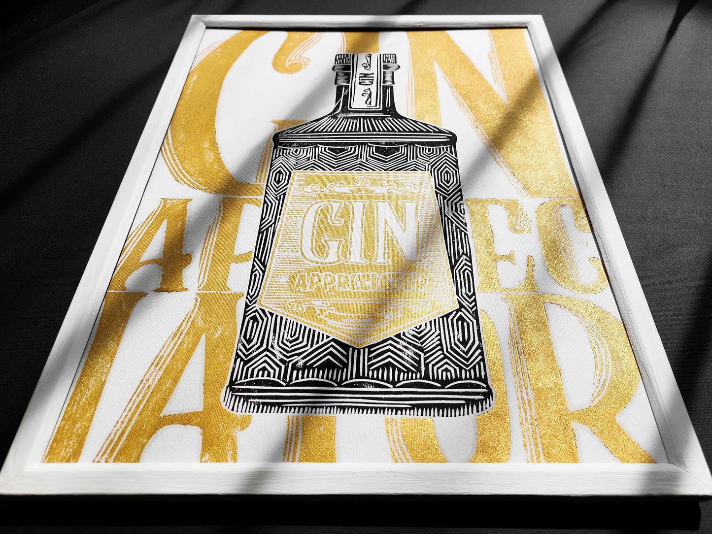 Linocut print Gin appreciator Original artwork Modern alcohol wall art Holiday winter wall art for bar gift and Grandpa Chic wall decor, handmade relief print, printmaking art, block print, gold and black decor, Modern kitchen art, dining room, Linogravure, Lino print, New home gift, Gift for him, Grandpa Chic wall