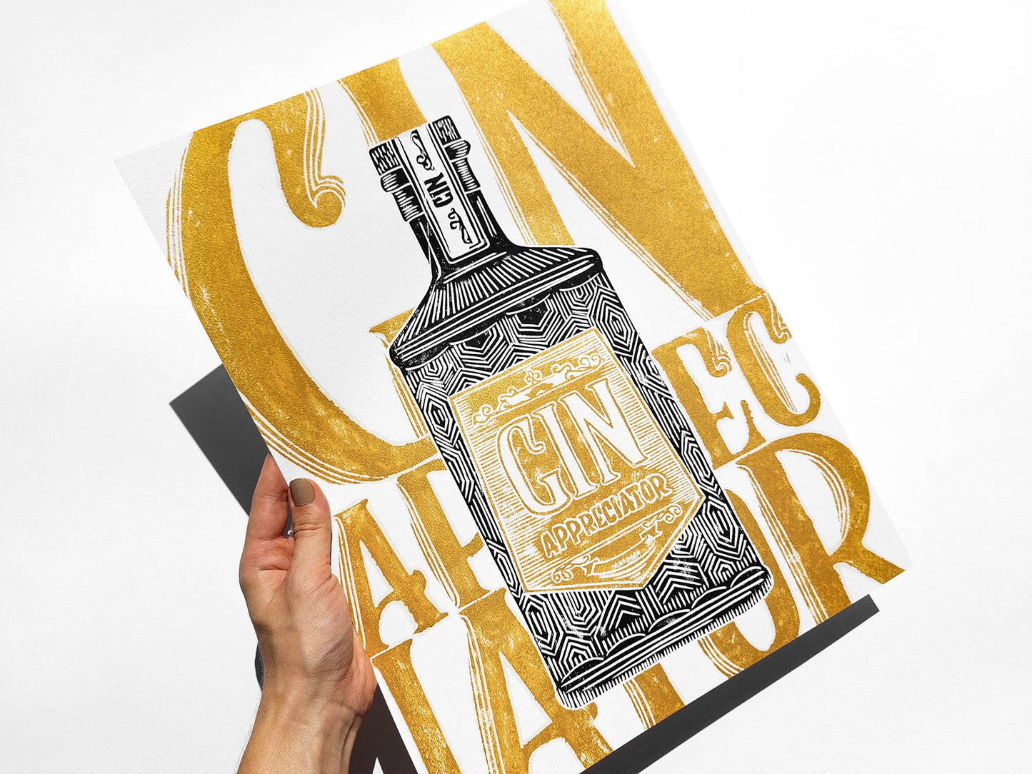 Linocut print Gin appreciator Original artwork Modern alcohol wall art Holiday winter wall art for bar gift and Grandpa Chic wall decor, handmade relief print, printmaking art, block print, gold and black decor, Modern kitchen art, dining room, Linogravure, Lino print, New home gift, Gift for him, Grandpa Chic wall