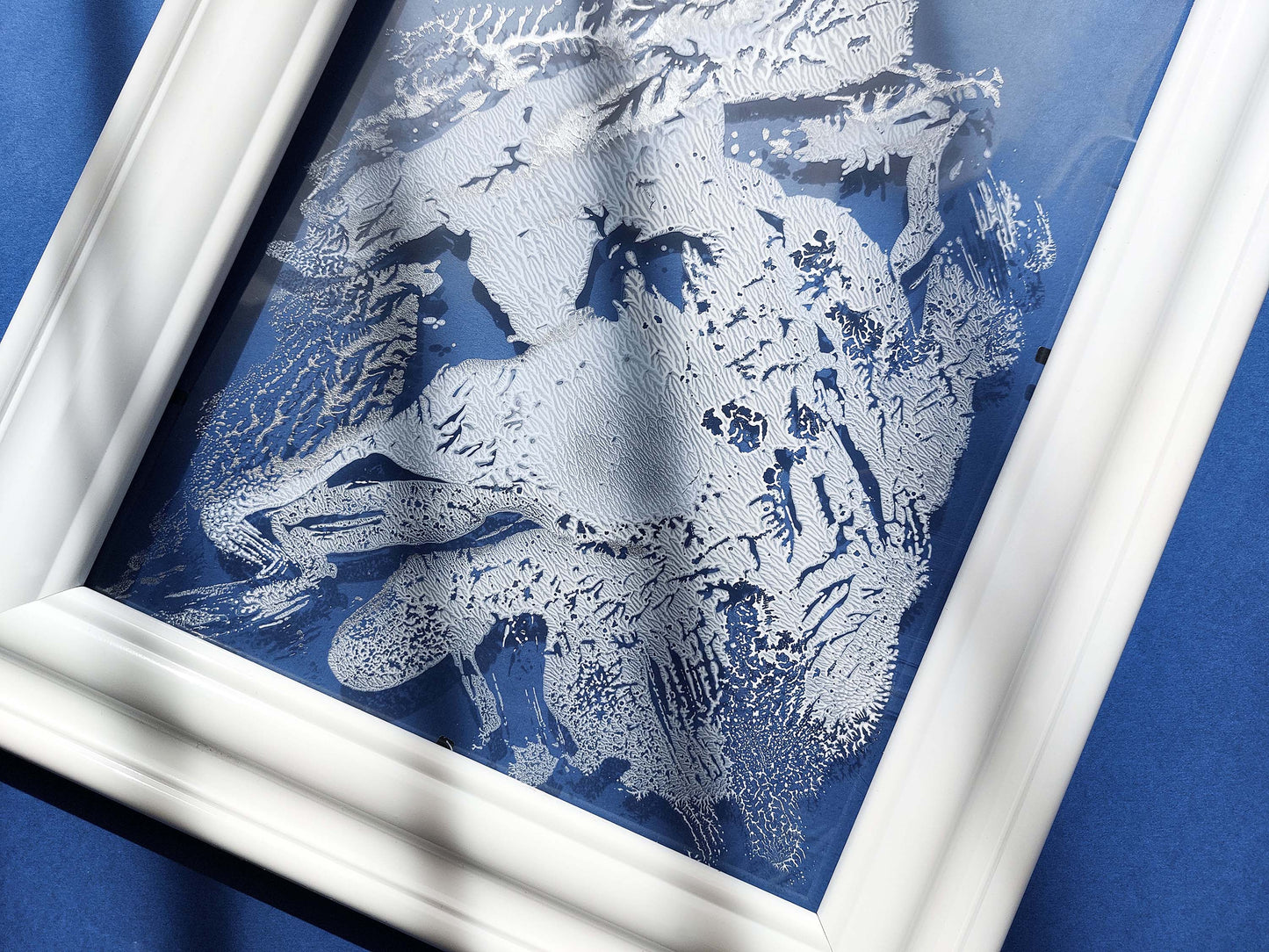 N5 Abstract mountains Monotype print Light blue white and silver Holiday winter wall art on Plexiglass Modern original artwork UNFRAMED Handmade printmaking relief monoprint block acrylic wall art Living room Bedroom Bathroom workspace home decor wall decoration accessories Minimalist contemporary modern