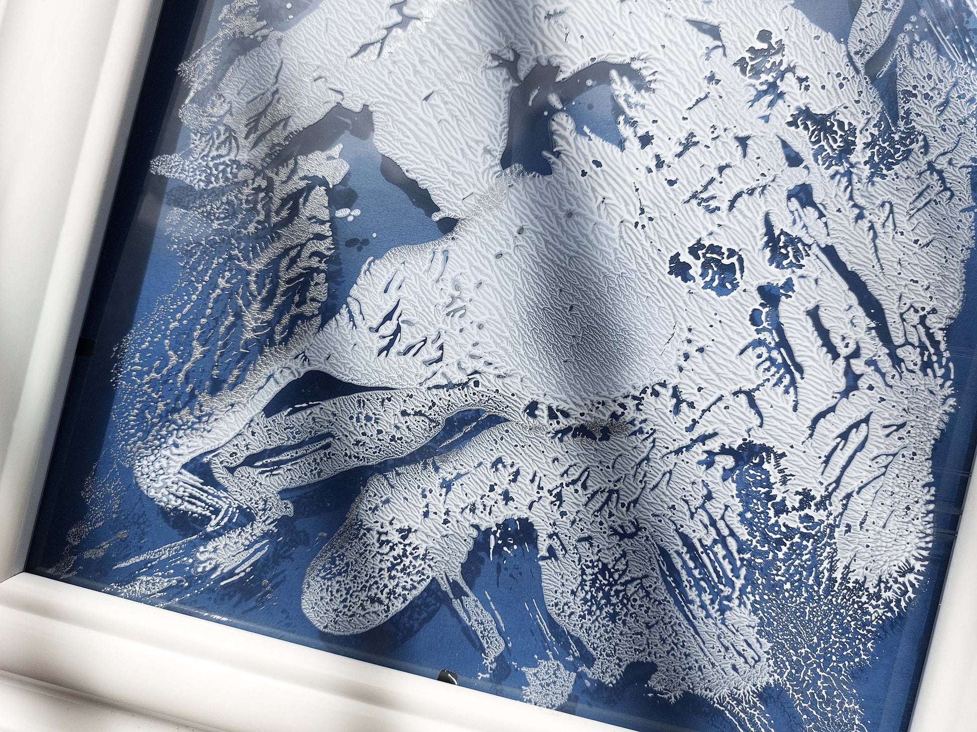 N5 Abstract mountains Monotype print Light blue white and silver Holiday winter wall art on Plexiglass Modern original artwork UNFRAMED Handmade printmaking relief monoprint block acrylic wall art Living room Bedroom Bathroom workspace home decor wall decoration accessories Minimalist contemporary modern