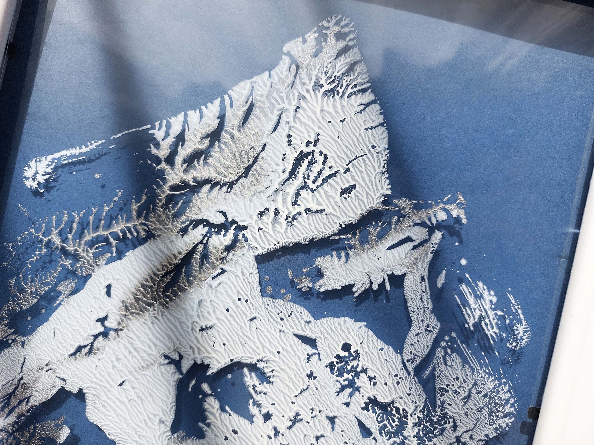 N5 Abstract mountains Monotype print Light blue white and silver Holiday winter wall art on Plexiglass Modern original artwork UNFRAMED Handmade printmaking relief monoprint block acrylic wall art Living room Bedroom Bathroom workspace home decor wall decoration accessories Minimalist contemporary modern