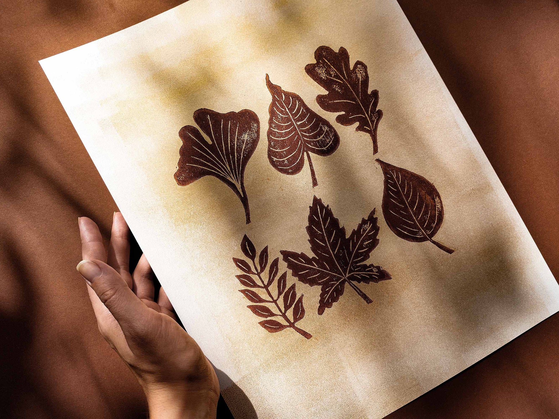 Brown and gold fall leaves Linocut print 12x16in for Bedroom wall decor UNFRAMED / printmaking art, relief print, block print, lino print, linogravure, original artwork, handmade art, living room decor, nature lover gifr, new home gift