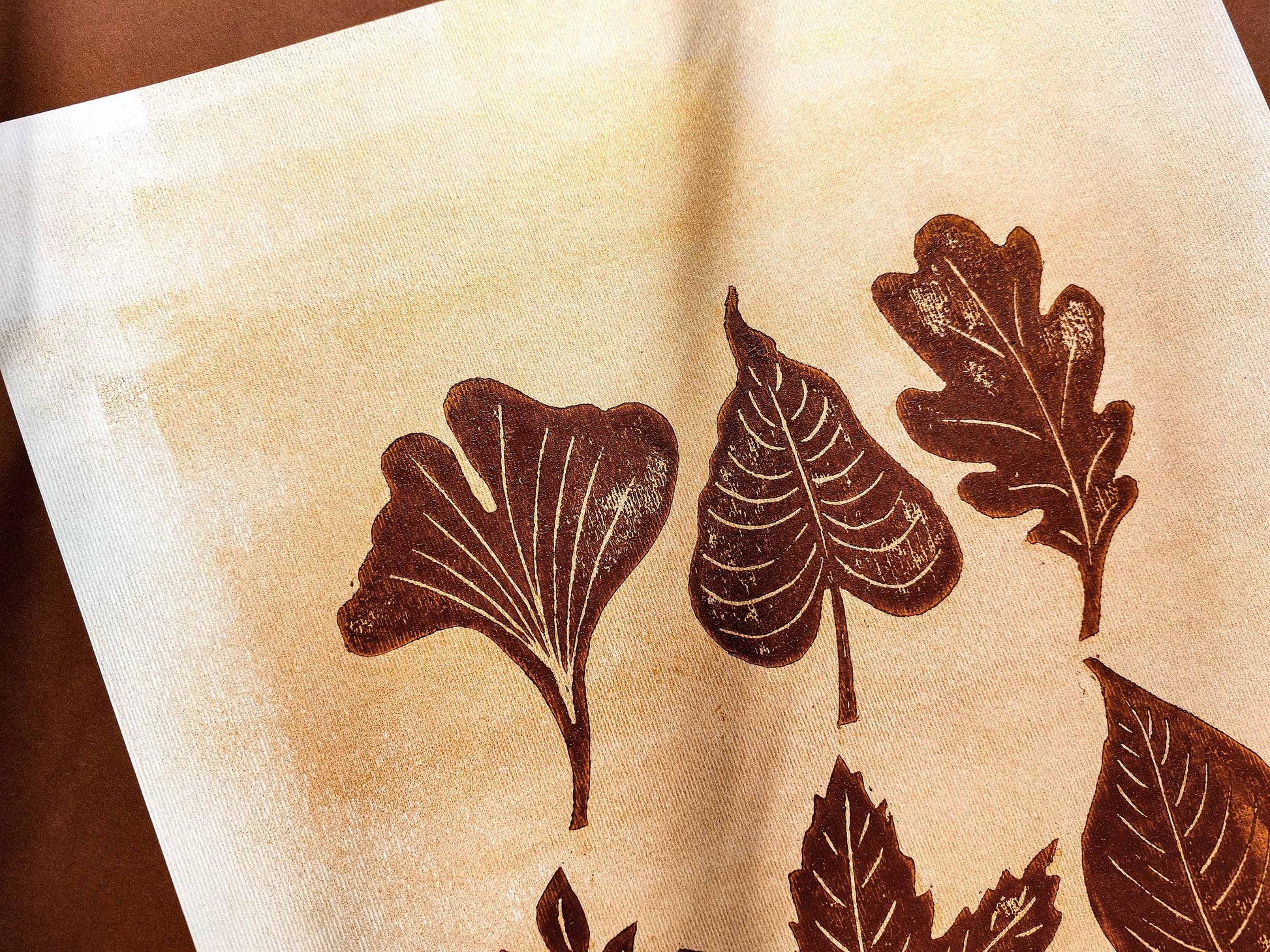 Brown and gold fall leaves Linocut print 12x16in for Bedroom wall decor UNFRAMED / printmaking art, relief print, block print, lino print, linogravure, original artwork, handmade art, living room decor, nature lover gifr, new home gift