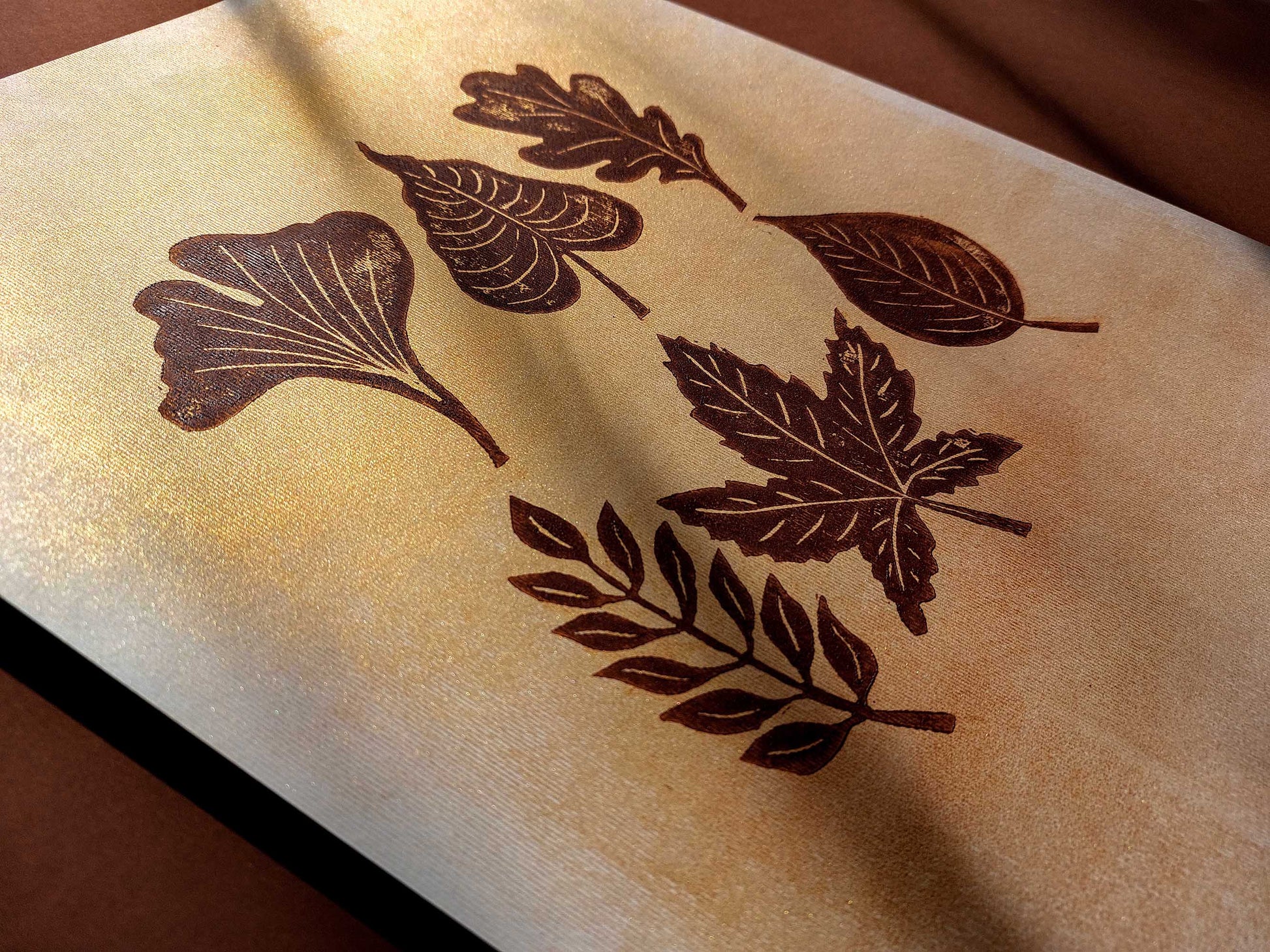 Brown and gold fall leaves Linocut print 12x16in for Bedroom wall decor UNFRAMED / printmaking art, relief print, block print, lino print, linogravure, original artwork, handmade art, living room decor, nature lover gifr, new home gift