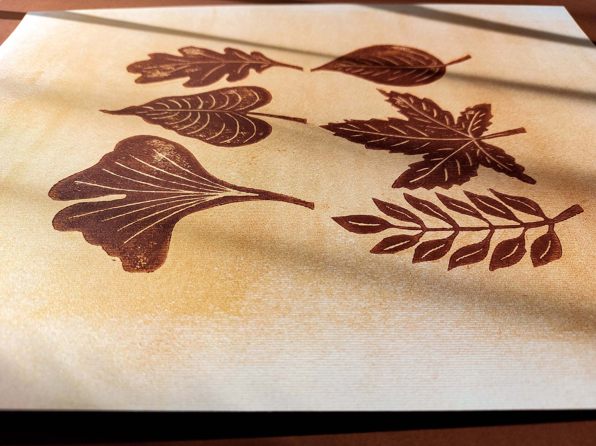 Brown and gold fall leaves Linocut print 12x16in for Bedroom wall decor UNFRAMED / printmaking art, relief print, block print, lino print, linogravure, original artwork, handmade art, living room decor, nature lover gifr, new home gift